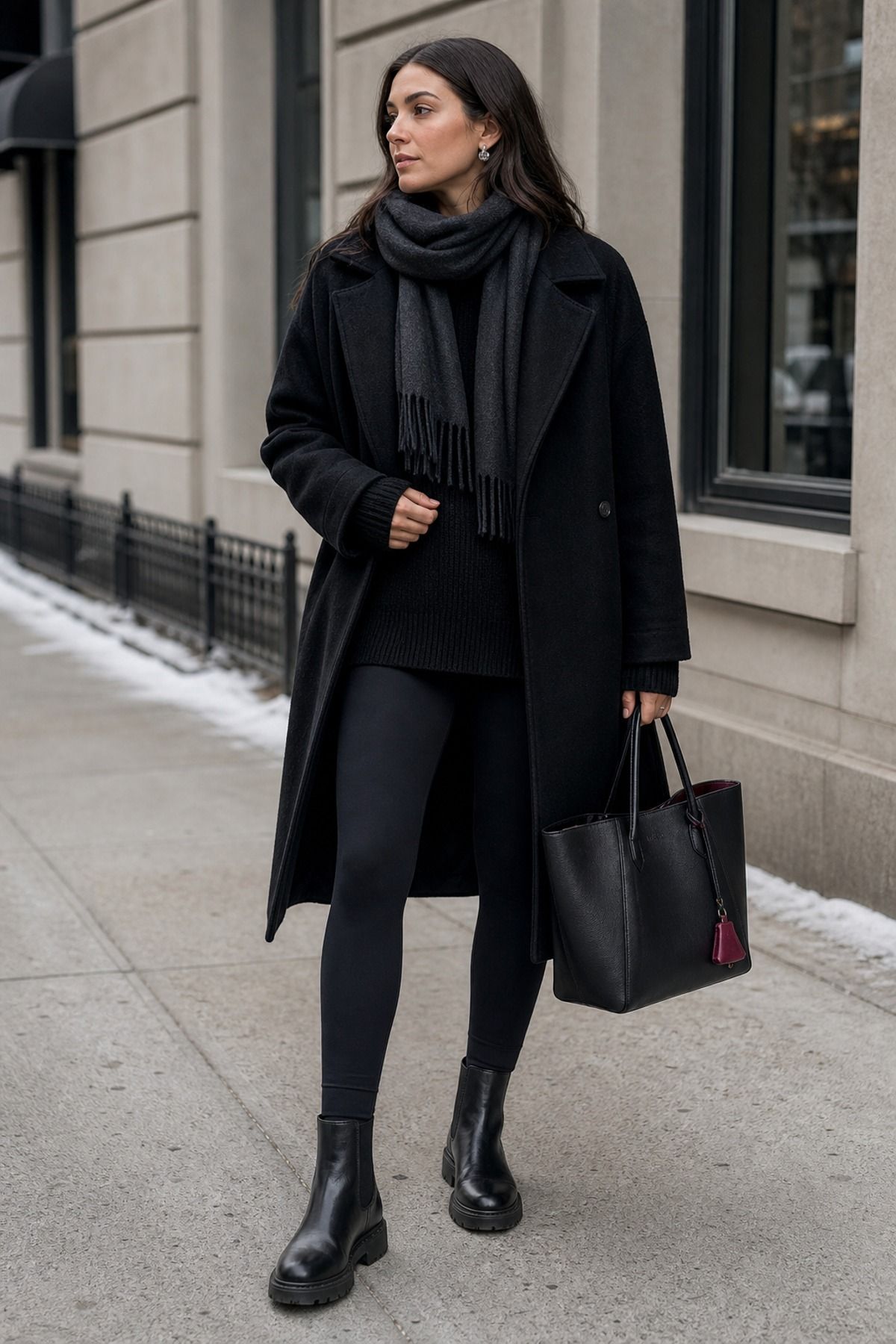 Woman wearing monochrome black layers, a winter leggings outfit