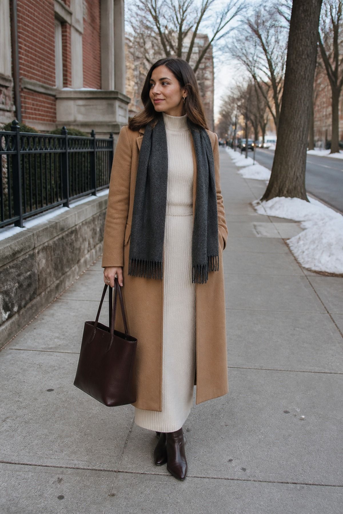 Woman in a long camel coat worn open over a cream turtleneck and cream knit maxi skirt with a charcoal scarf, dark brown boots and a brown tote on a snowy sidewalk, a winter outfit for women