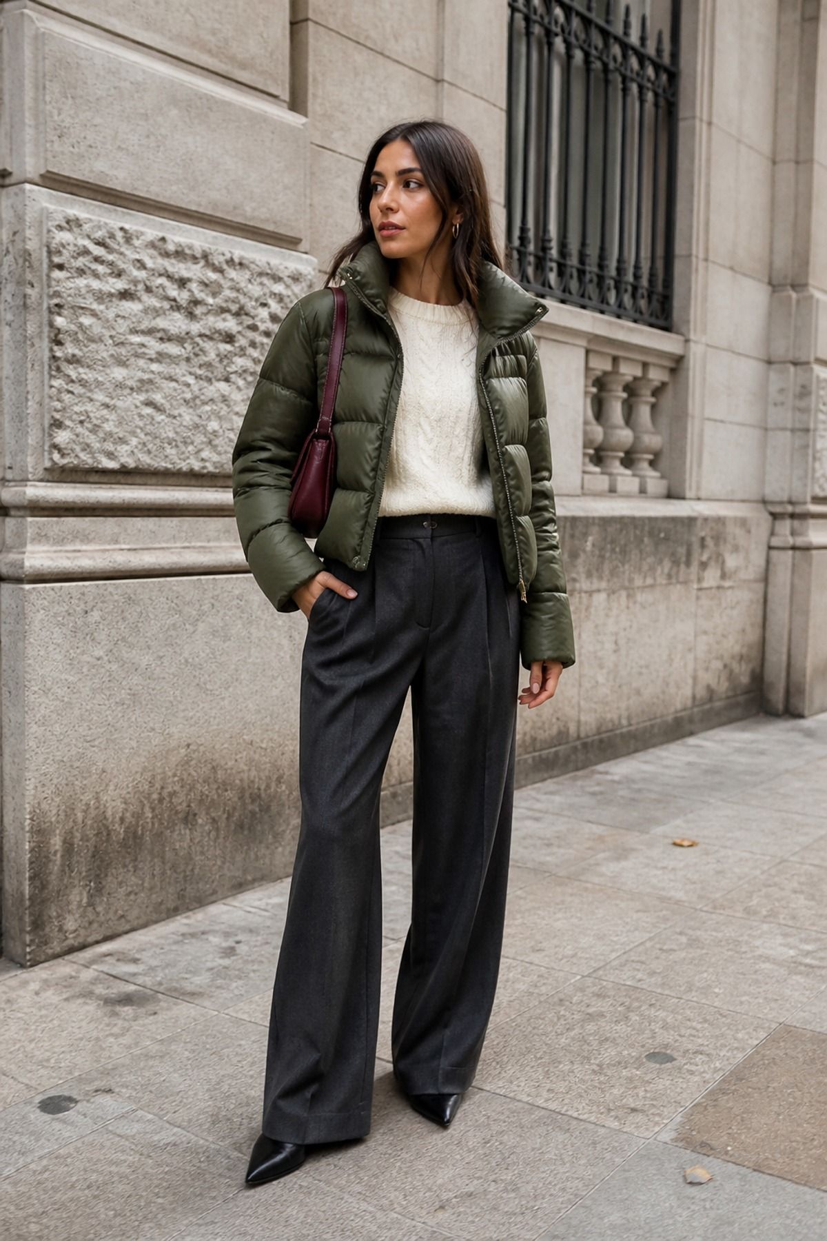 Woman in an olive green puffer jacket over a cream knit with charcoal wide tailored trousers, black pointed shoes and a burgundy bag outside a stone building
