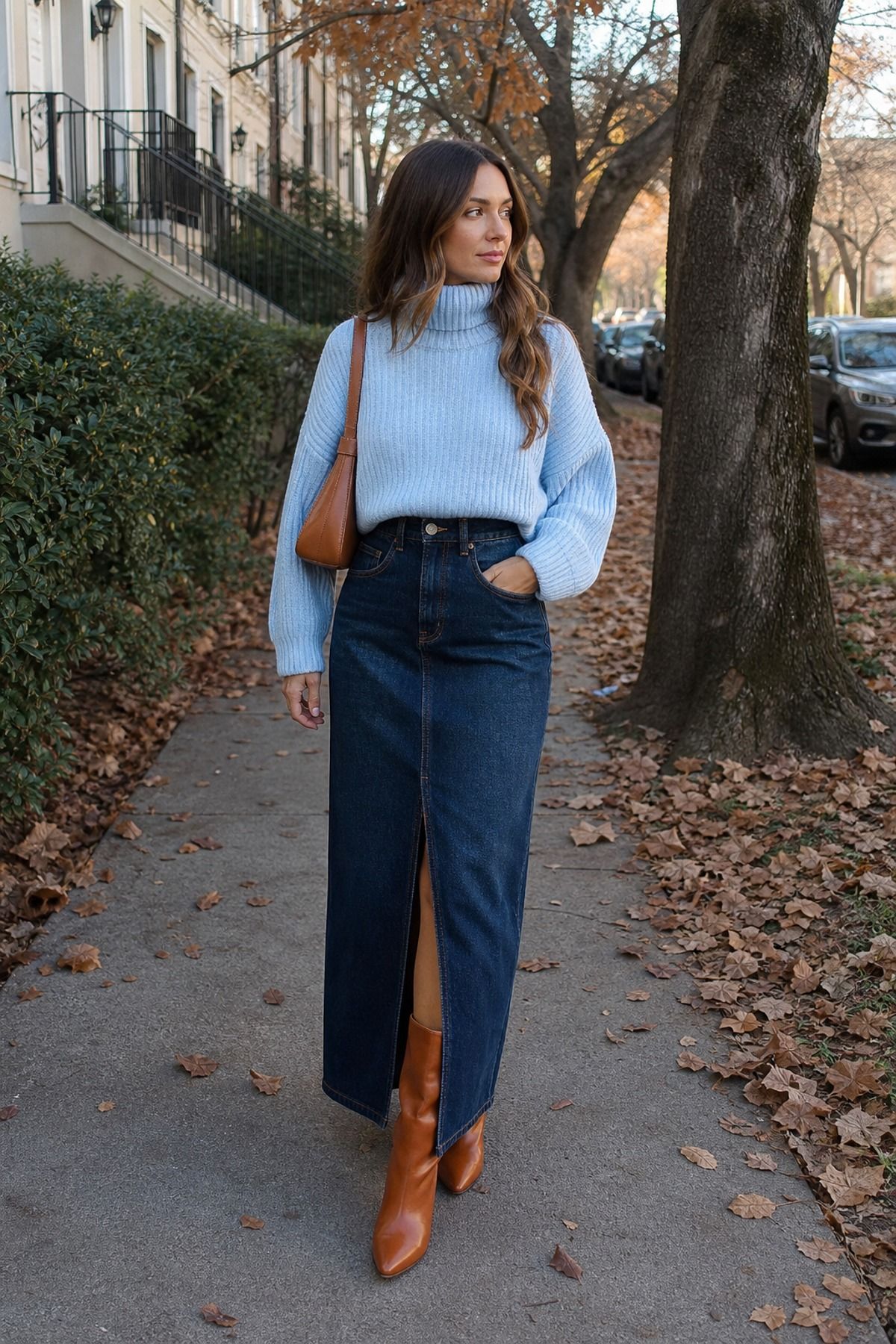 Woman in a light blue turtleneck sweater with a dark denim maxi skirt with a front slit and cognac knee boots on a path with fallen leaves