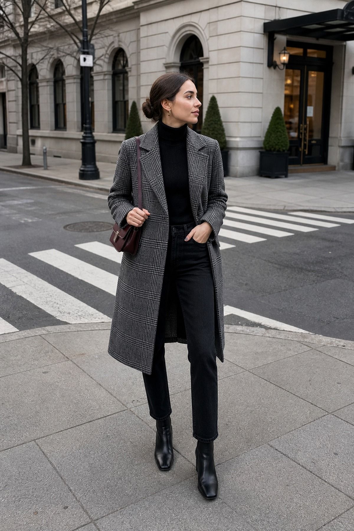 Woman in a long gray herringbone check coat over a black turtleneck and black straight pants with black ankle boots and a burgundy bag at a crosswalk