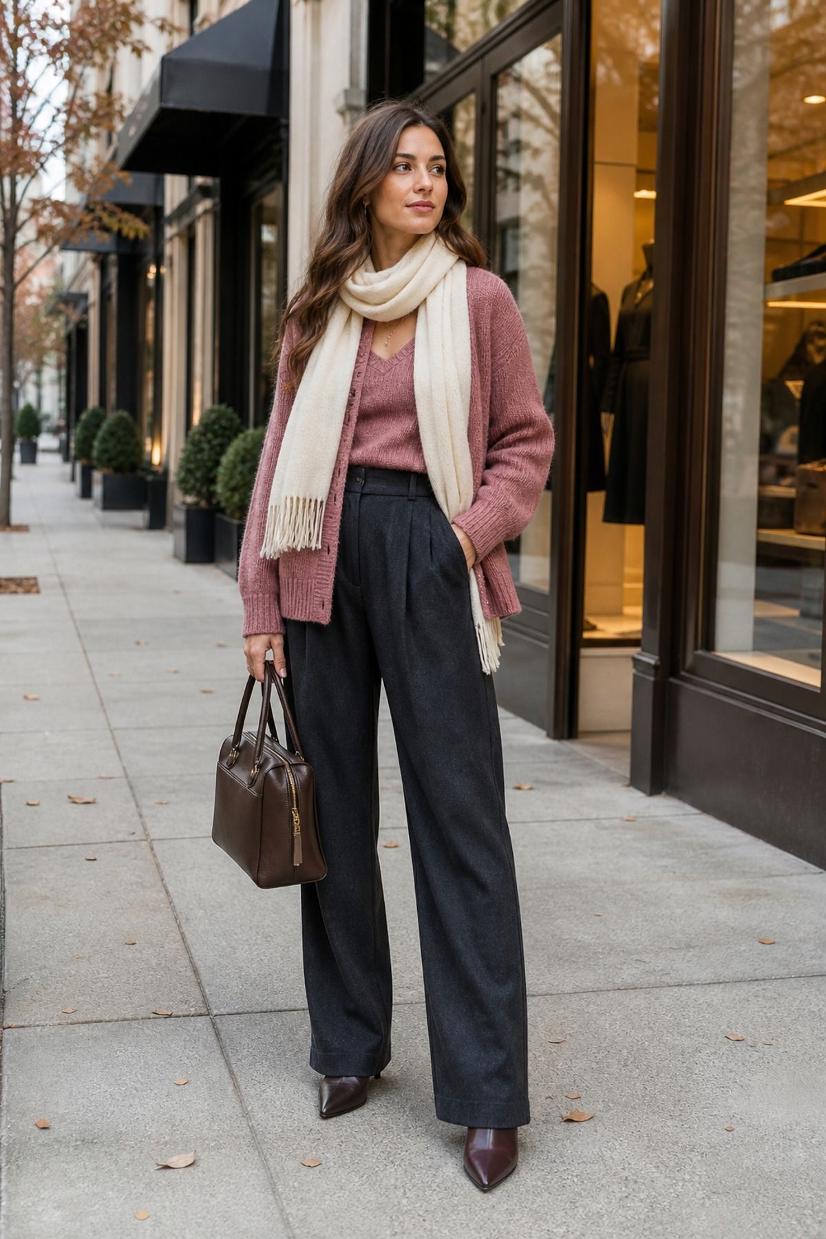 Woman in a pink cardigan set with charcoal wool wide trousers, a cream scarf, burgundy pointed shoes and a brown bag on a shopping street