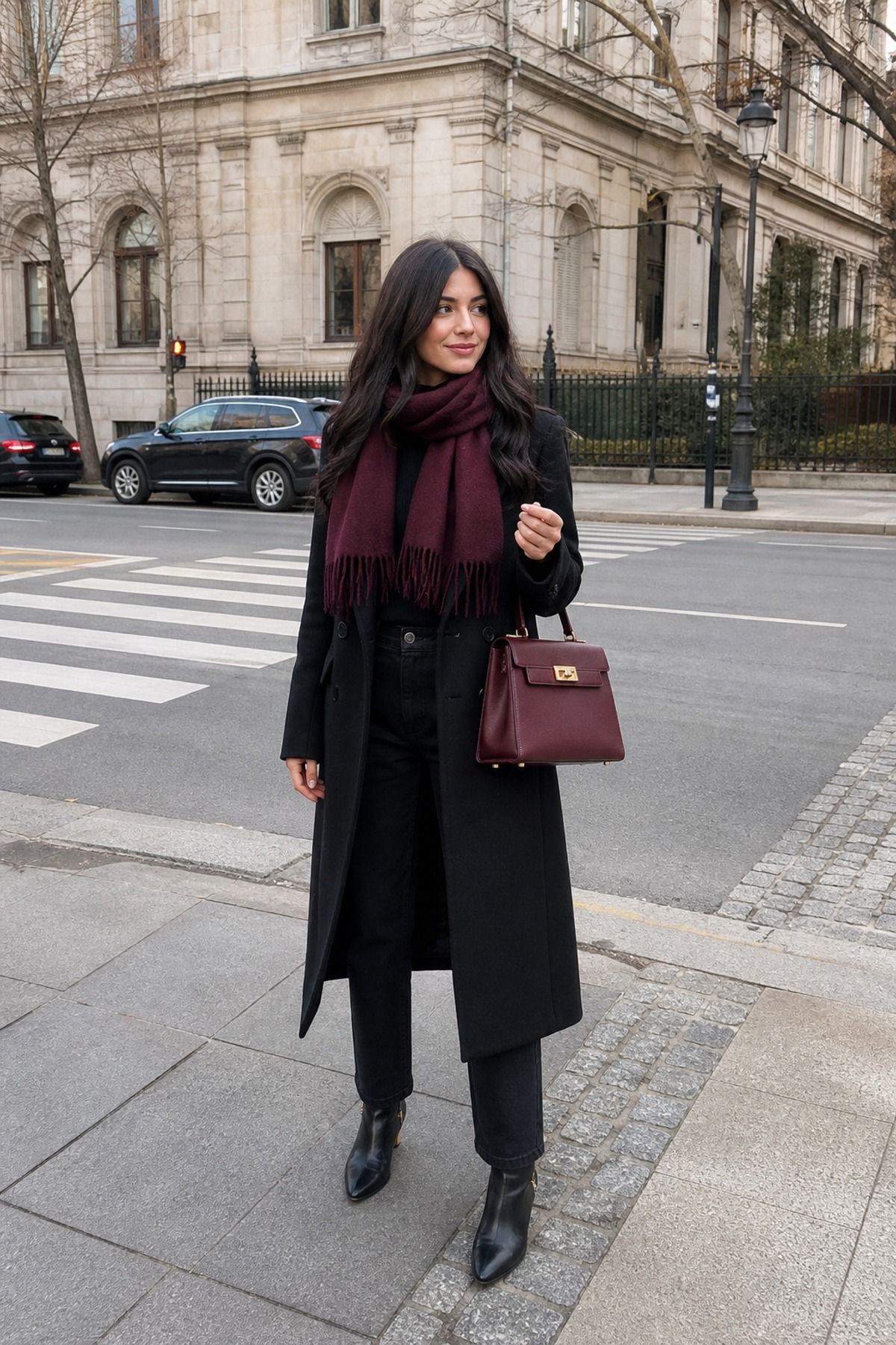 Woman in a long black coat with a burgundy scarf and a burgundy top-handle bag over black pants and black ankle boots at a city crosswalk