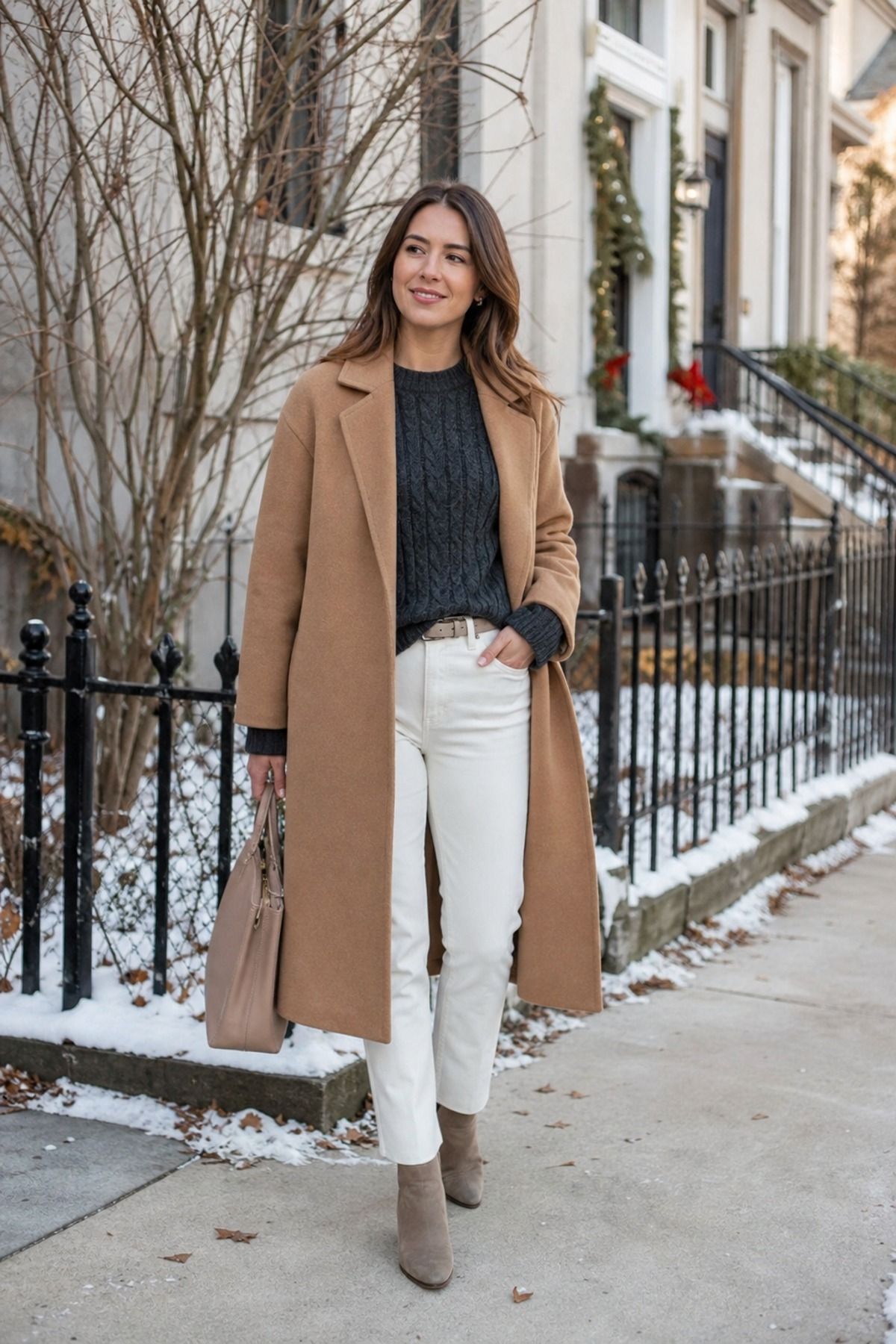 Woman in a camel coat over a charcoal cable sweater with ecru straight jeans, taupe suede ankle boots and a beige tote on a snowy sidewalk