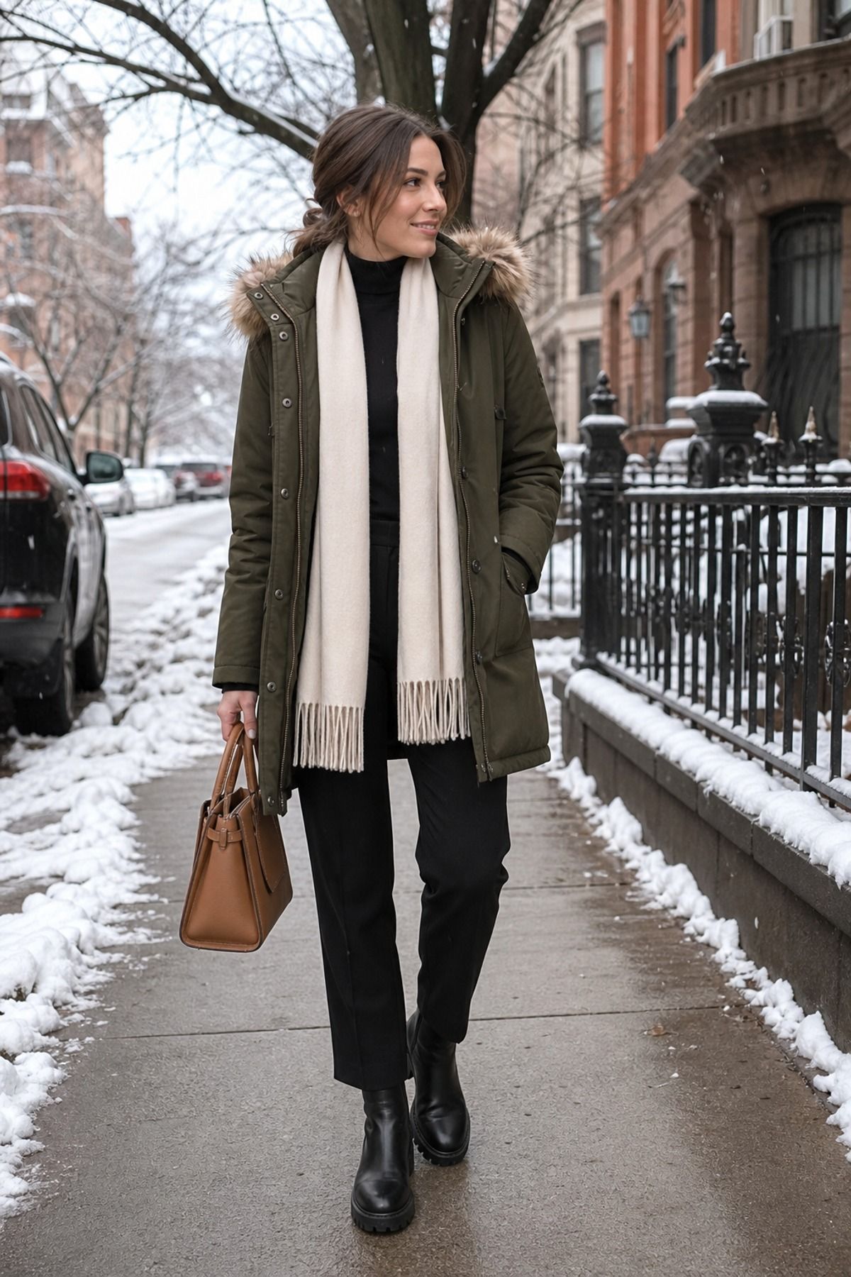 Woman in an olive parka with a fur-trimmed hood over a black turtleneck and black trousers with a cream scarf, black boots and a cognac tote on a snowy sidewalk