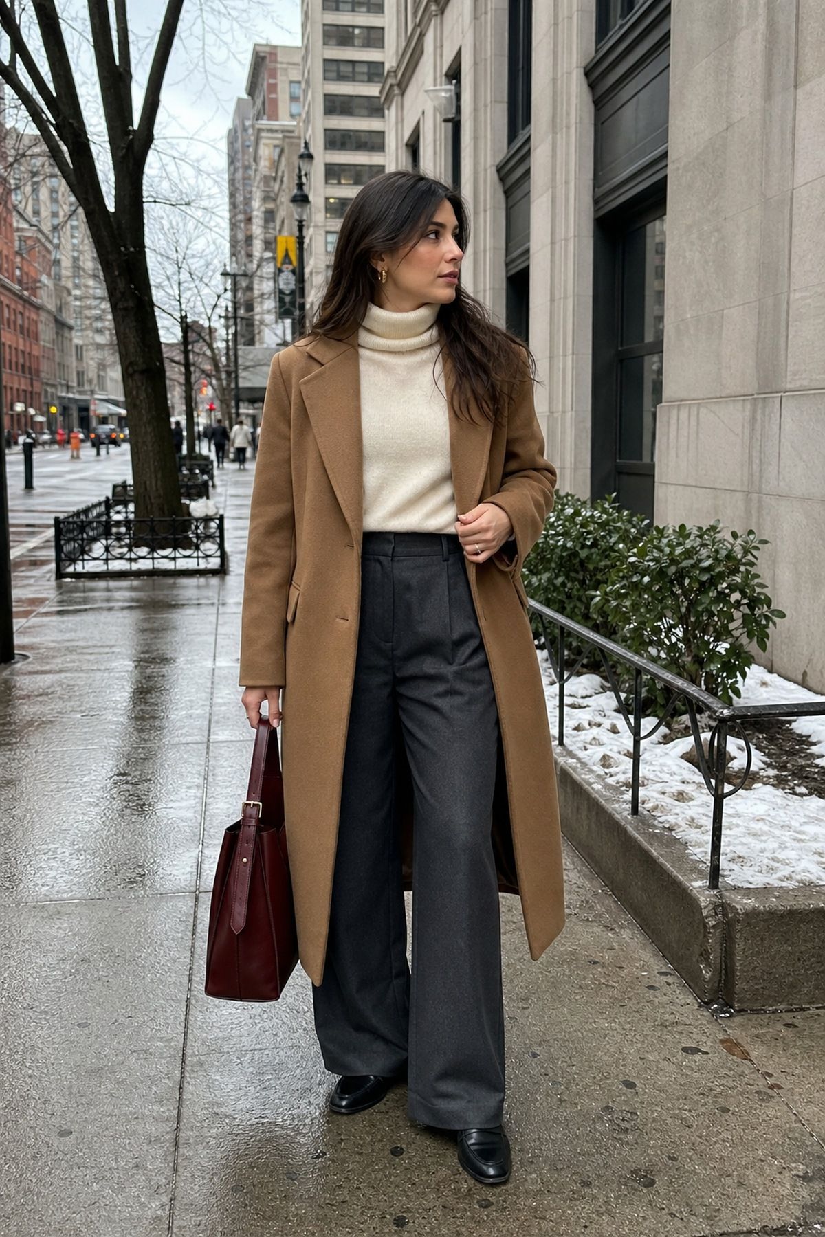 Camel Coat With a Cream Turtleneck and Wide-Leg Trousers winter work outfit idea.