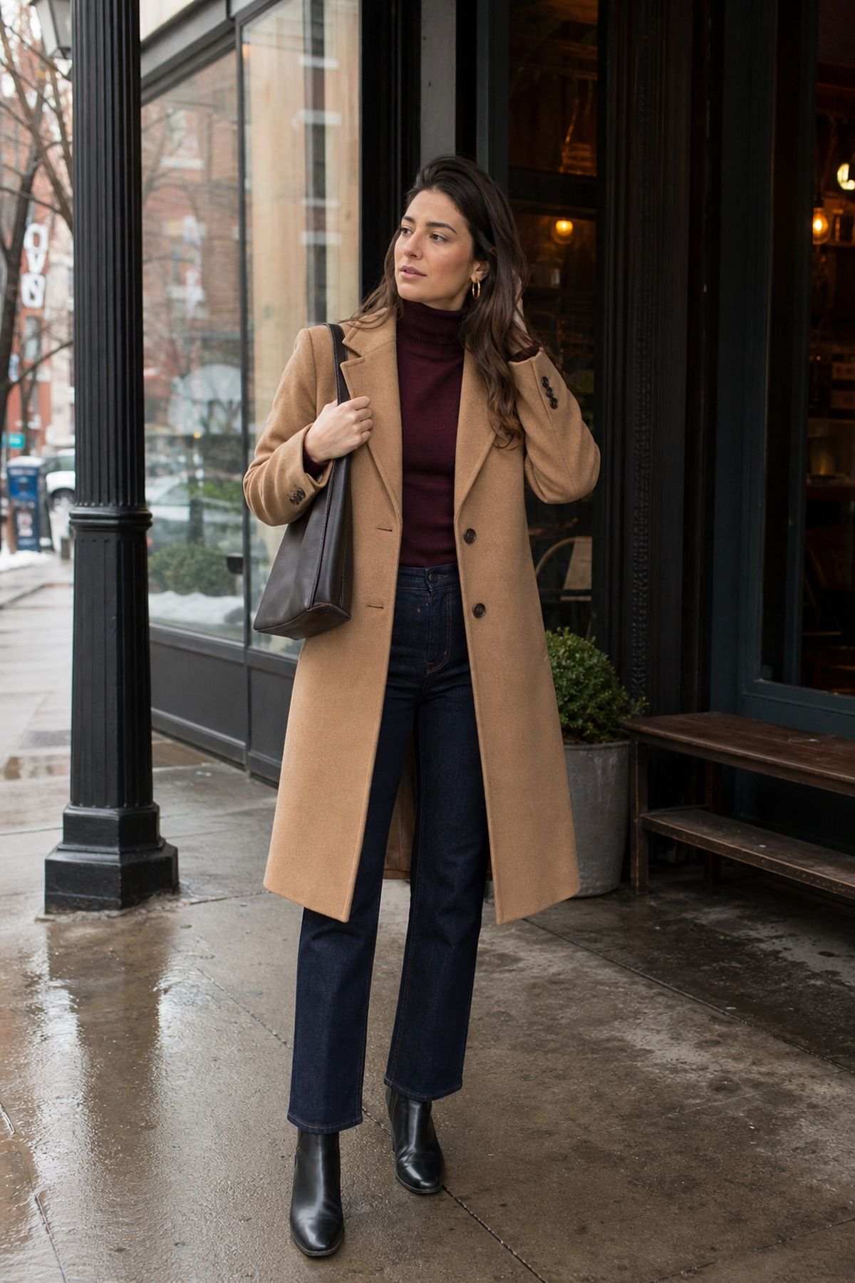 Burgundy Turtleneck With Dark Denim and a Camel Coat winter work outfit idea.