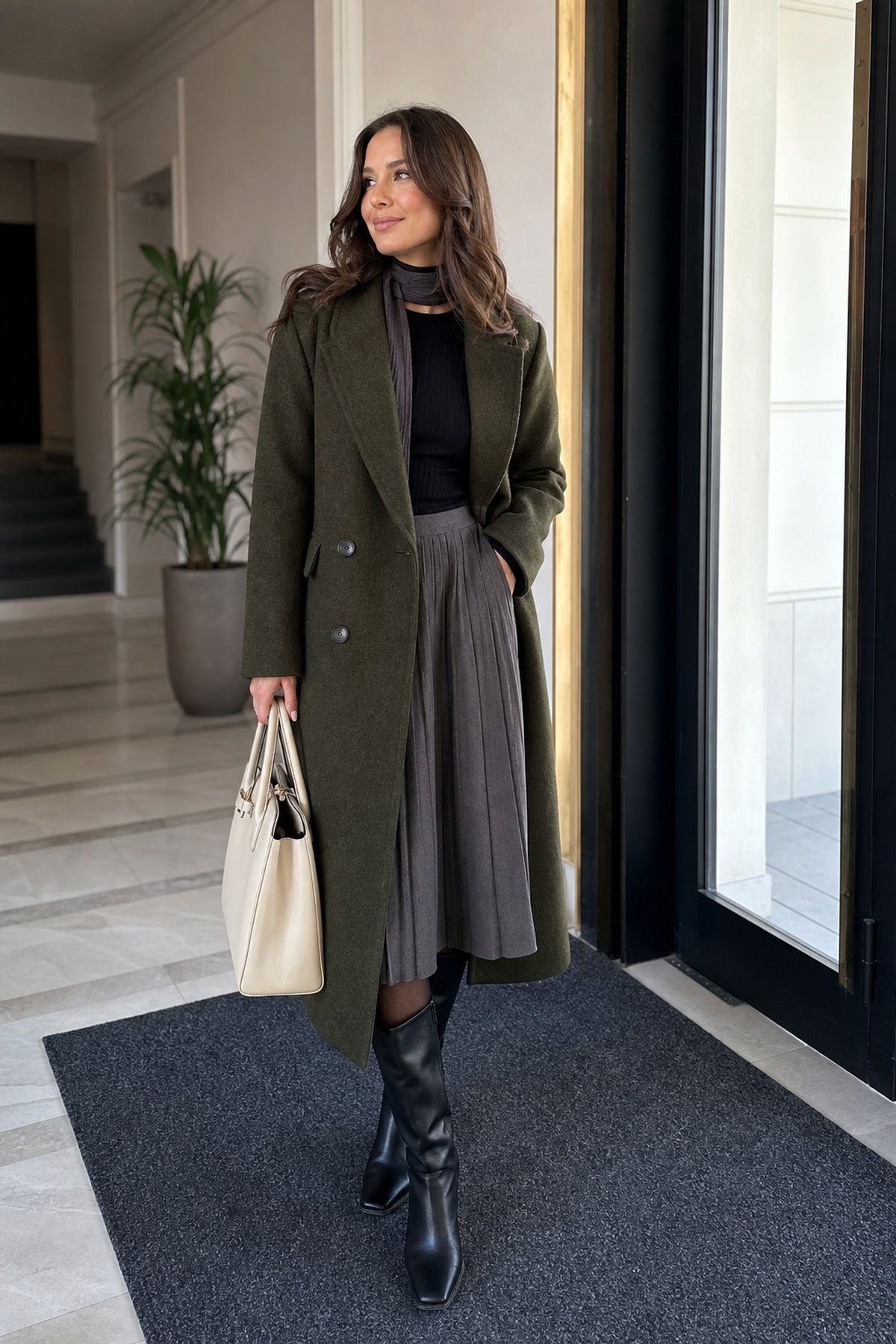 Olive Wool Coat With a Pleated Midi Skirt winter work outfit idea.