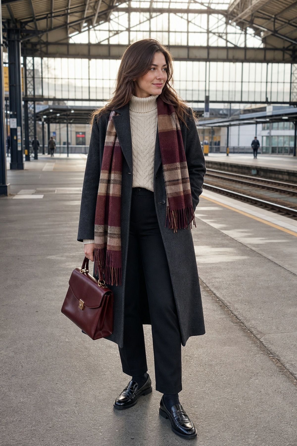 Charcoal Coat With a Cable Turtleneck and Loafers winter work outfit idea.