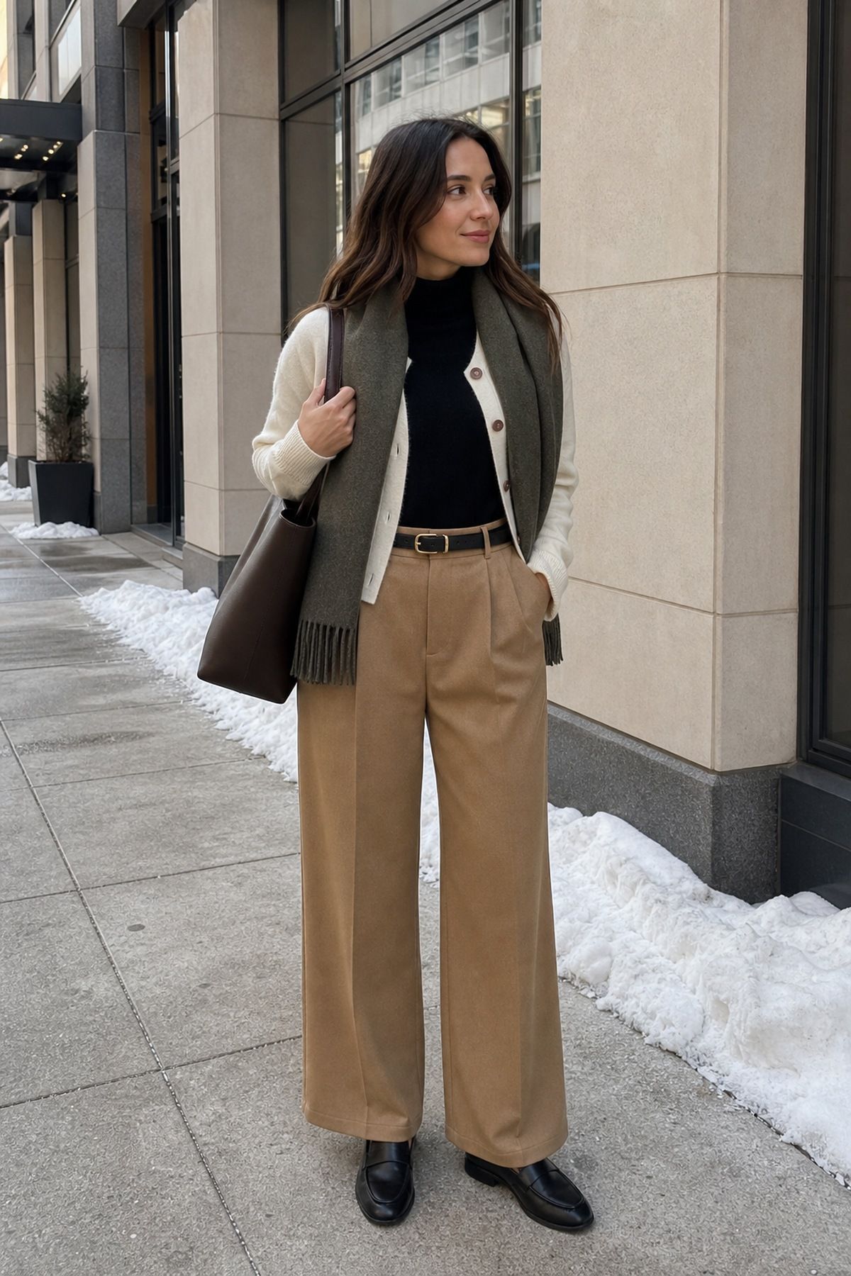 Cream Cardigan With Camel Wide-Leg Trousers winter work outfit idea.