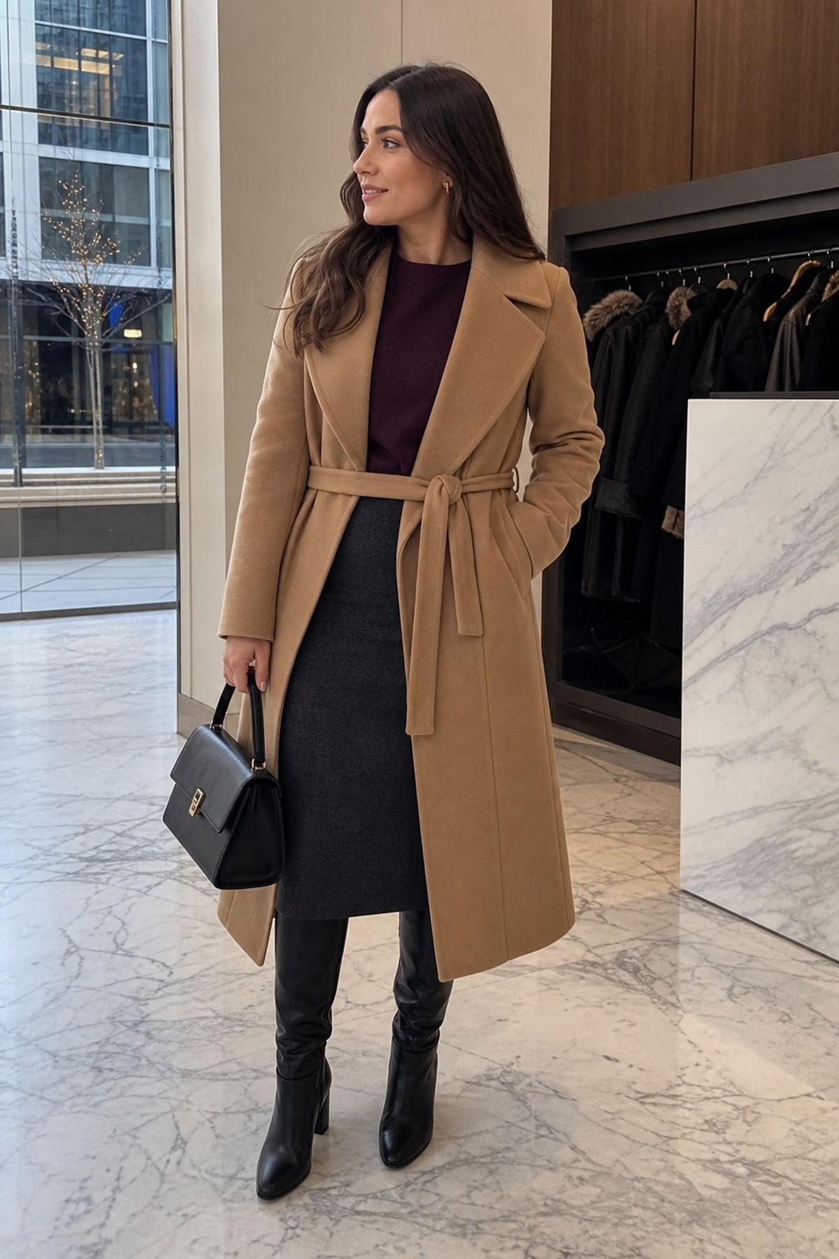 Camel Wrap Coat With a Plum Knit and Pencil Skirt winter work outfit idea.