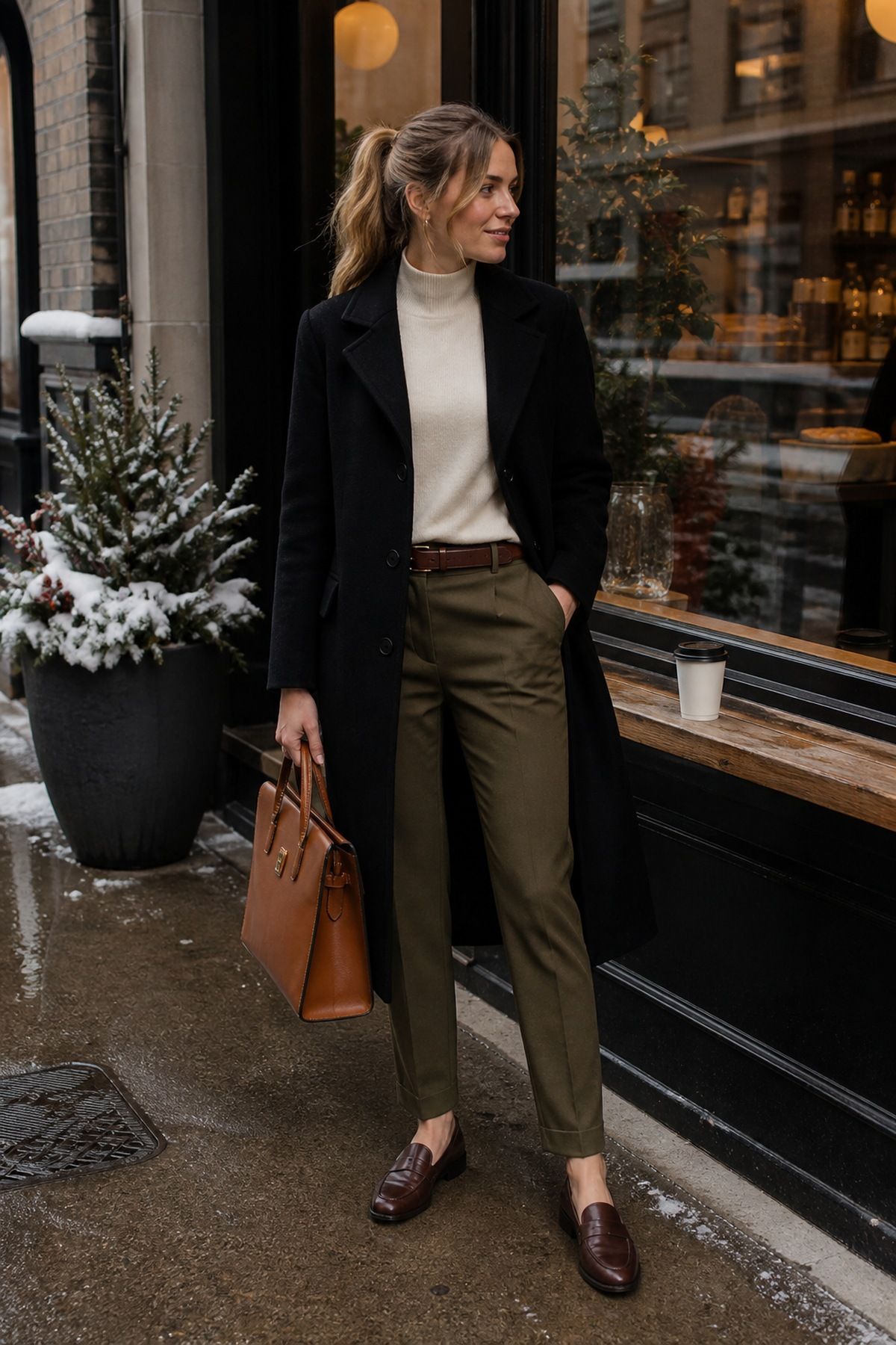 Cream Coat With a Charcoal Knit Dress and Tall Boots winter work outfit idea.