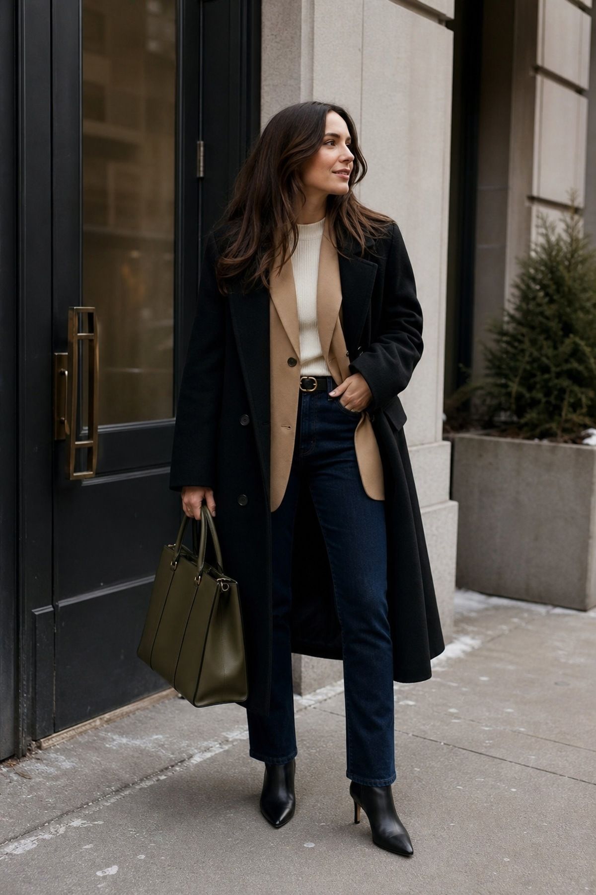 Chocolate Coat With Black Trousers and a Camel Scarf winter work outfit idea.