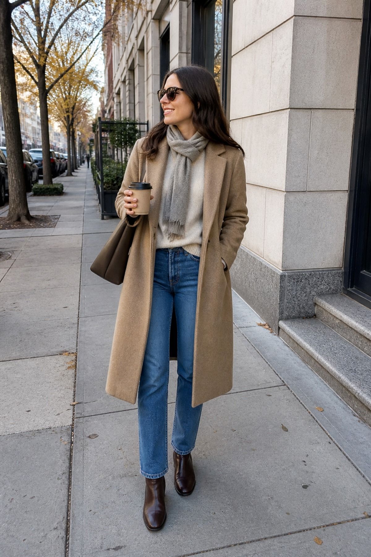 Woman wearing a wool coat with straight jeans, a 50 degree weather outfit
