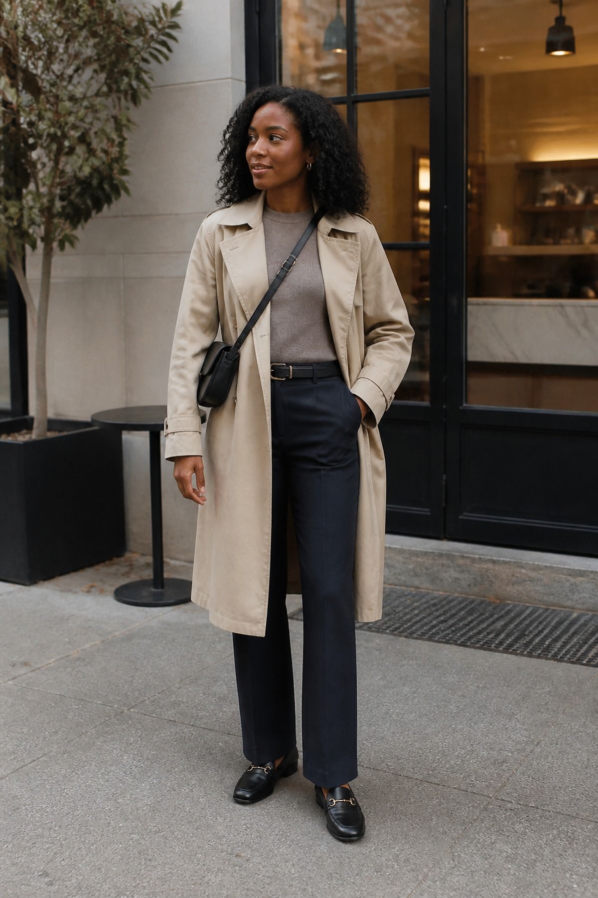 Woman wearing a trench coat with a fine knit, a 50 degree weather outfit