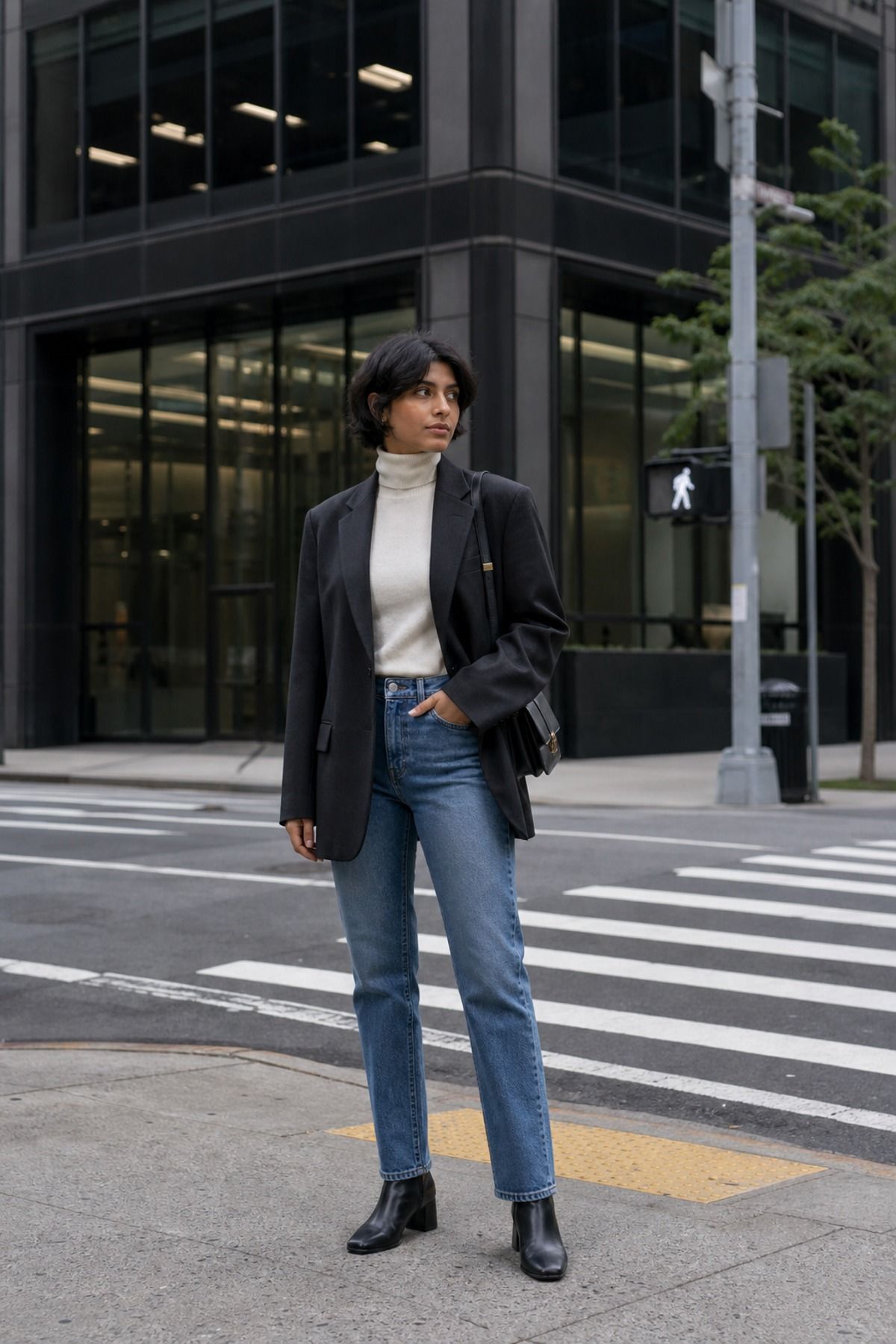 Woman wearing a blazer with a turtleneck and jeans, a 50 degree weather outfit
