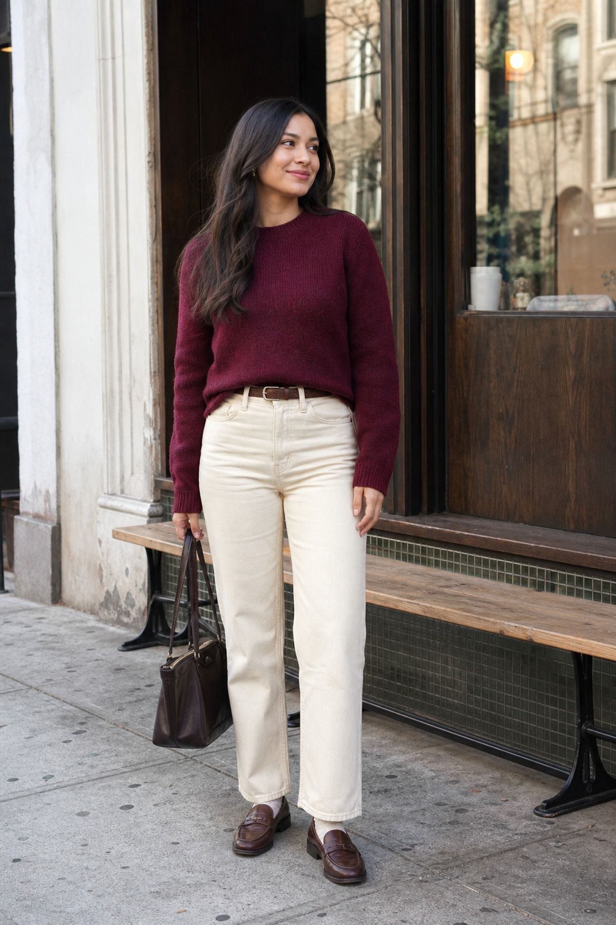 Woman wearing a crewneck sweater with cream jeans, a 50 degree weather outfit