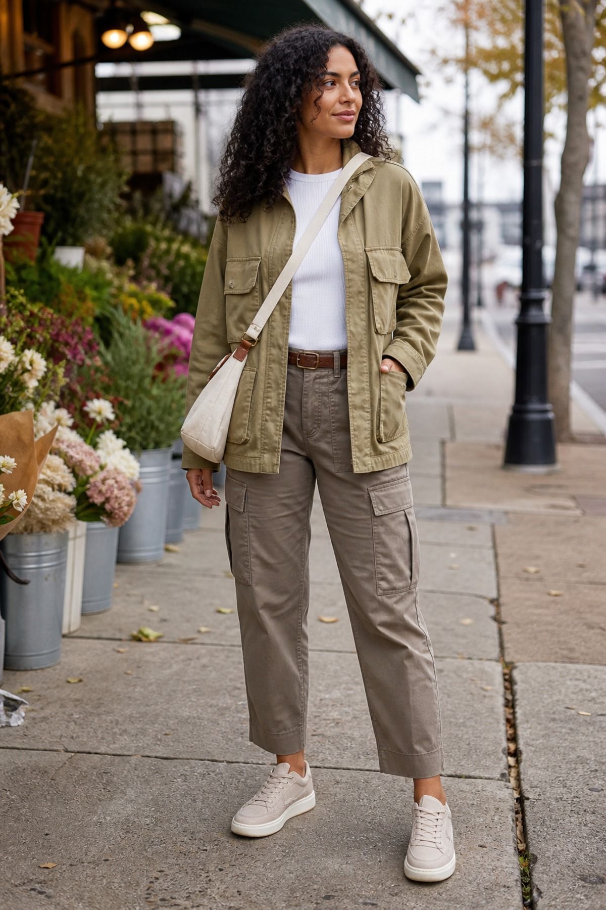 Woman wearing an utility jacket with cargo pants, a 50 degree weather outfit