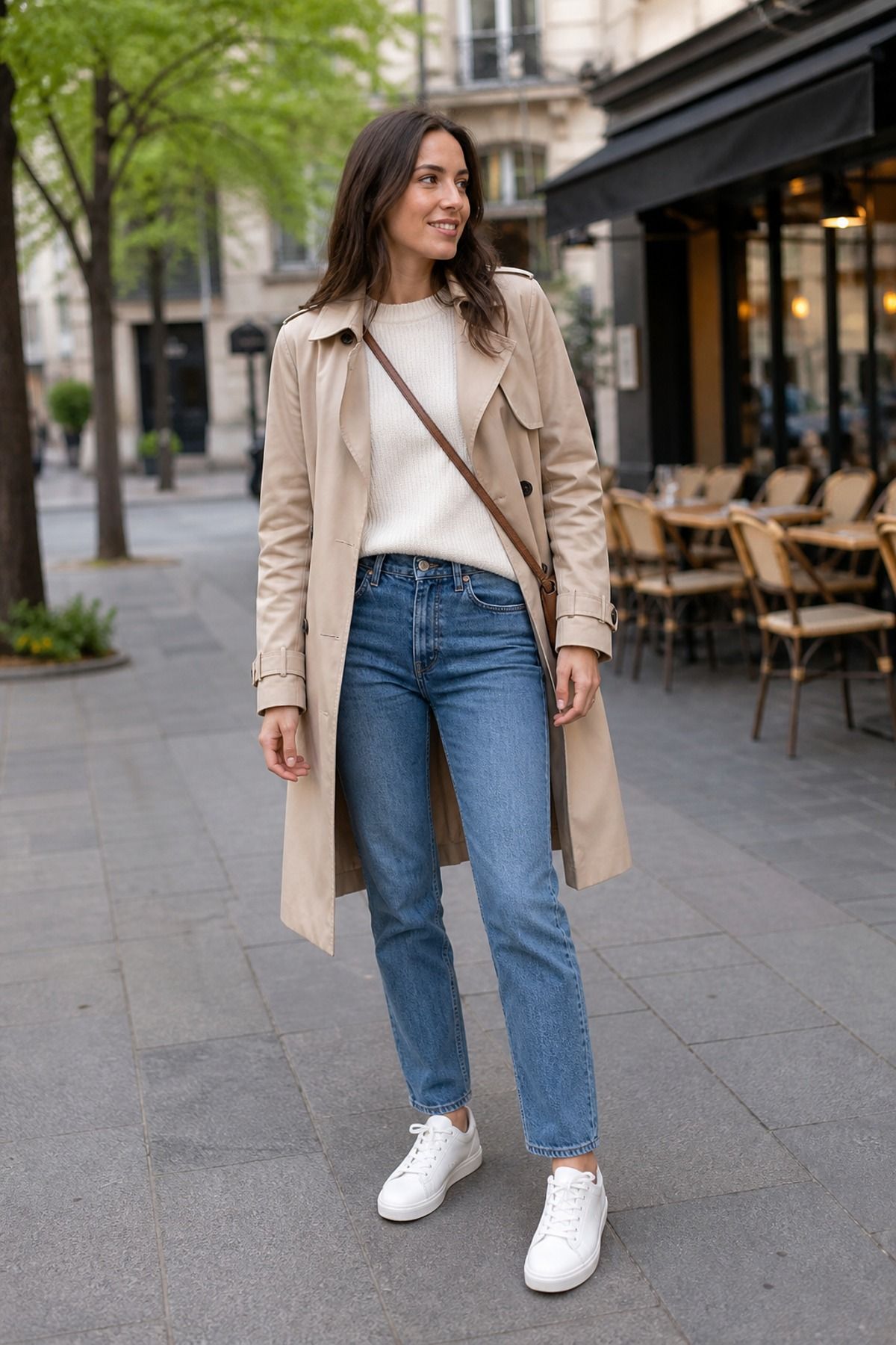 Woman wearing a trench coat with a white tee and jeans, a 60 degree weather outfit