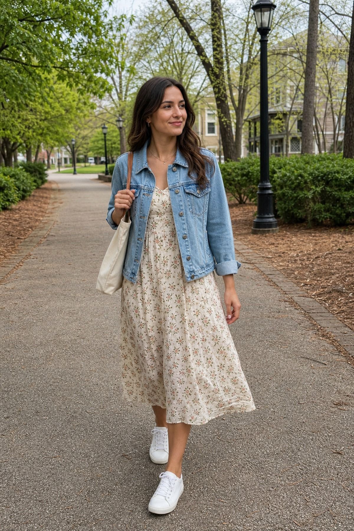 Woman wearing a denim jacket with a midi dress, a 60 degree weather outfit