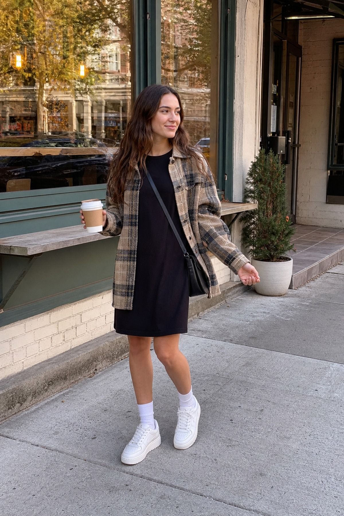 Woman wearing a t-shirt dress with a shacket, a 60 degree weather outfit