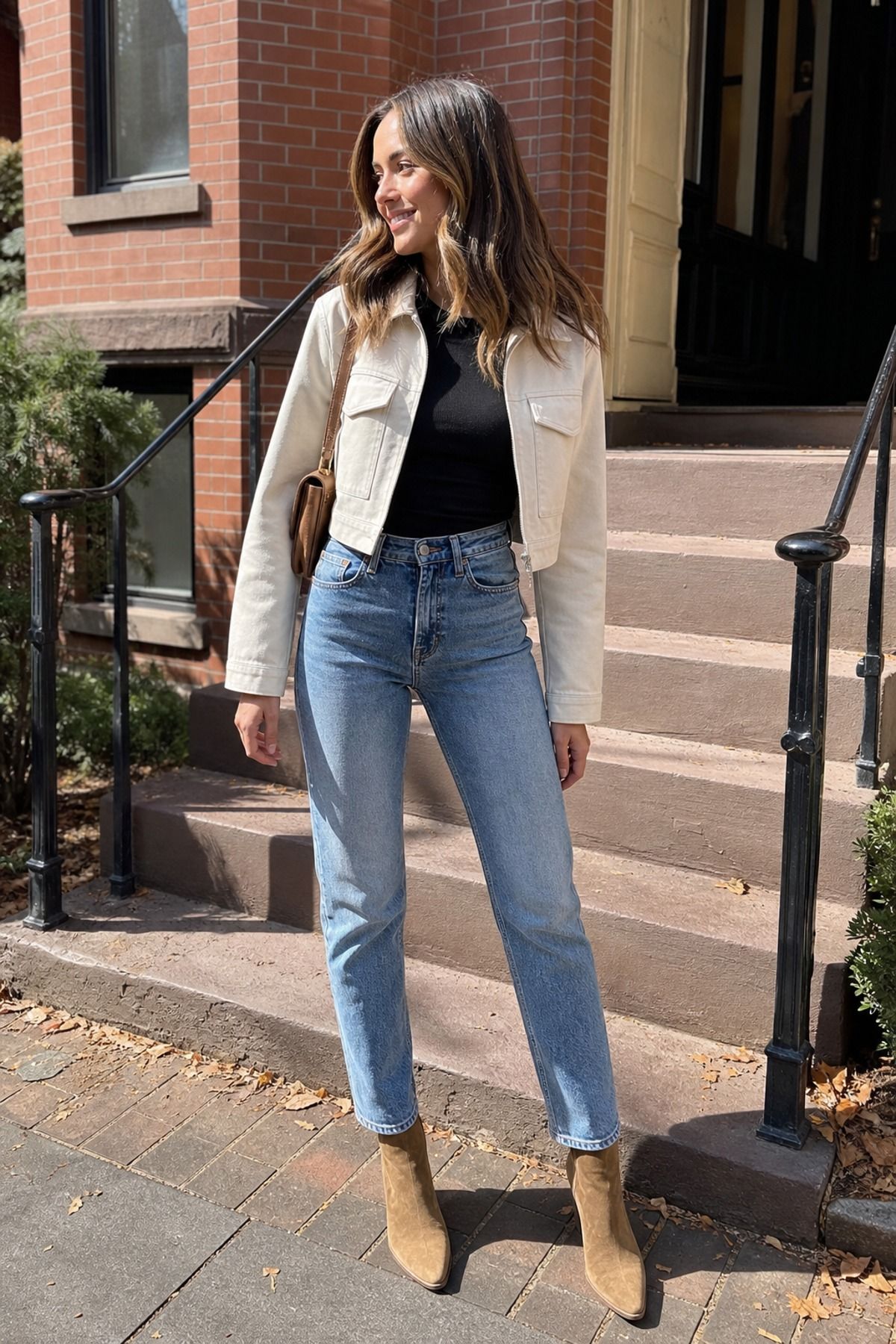 Woman wearing a cropped jacket with high-rise jeans, a 60 degree weather outfit