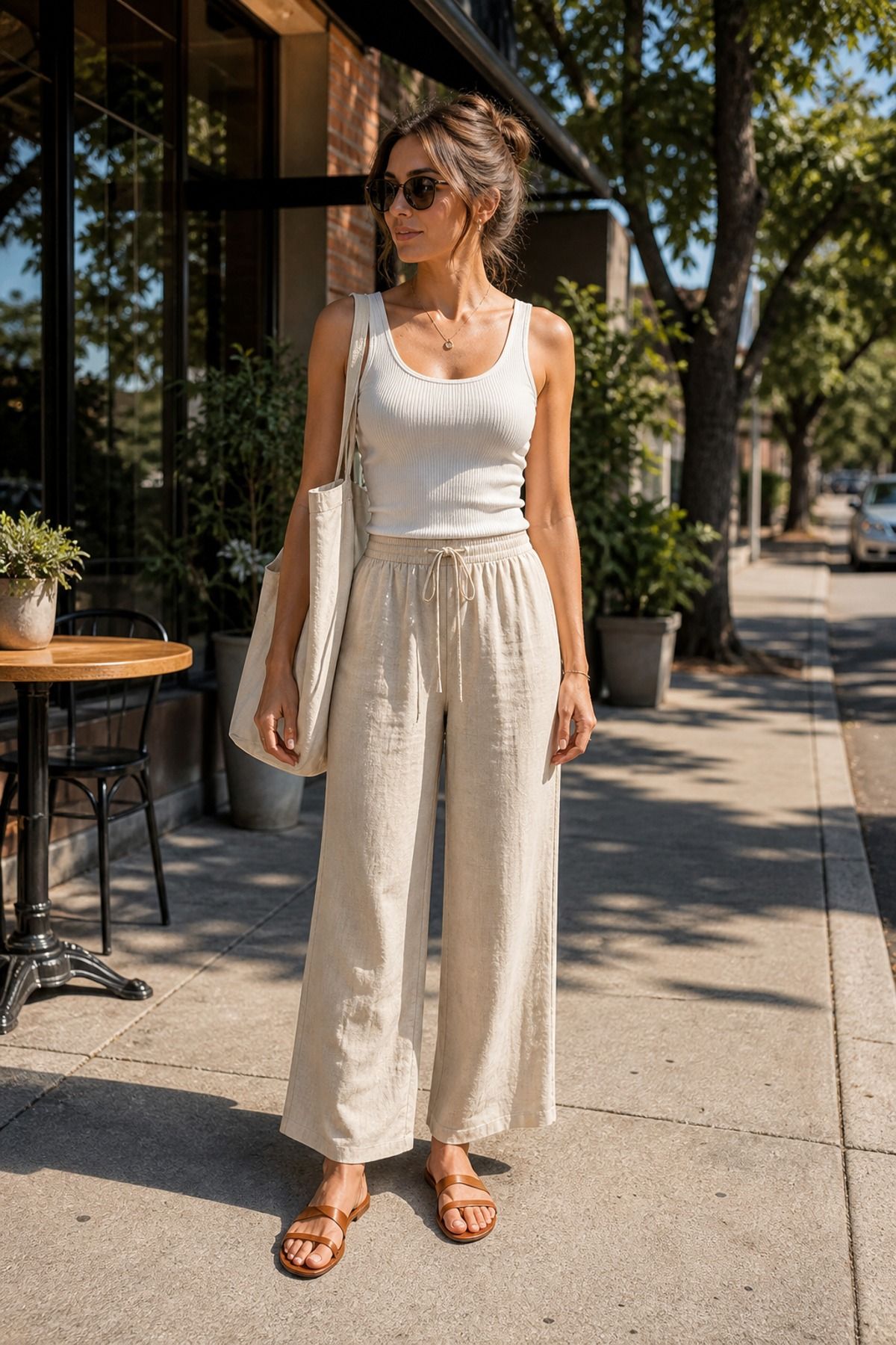Woman wearing linen pants with a ribbed tank, a 70 degree weather outfit