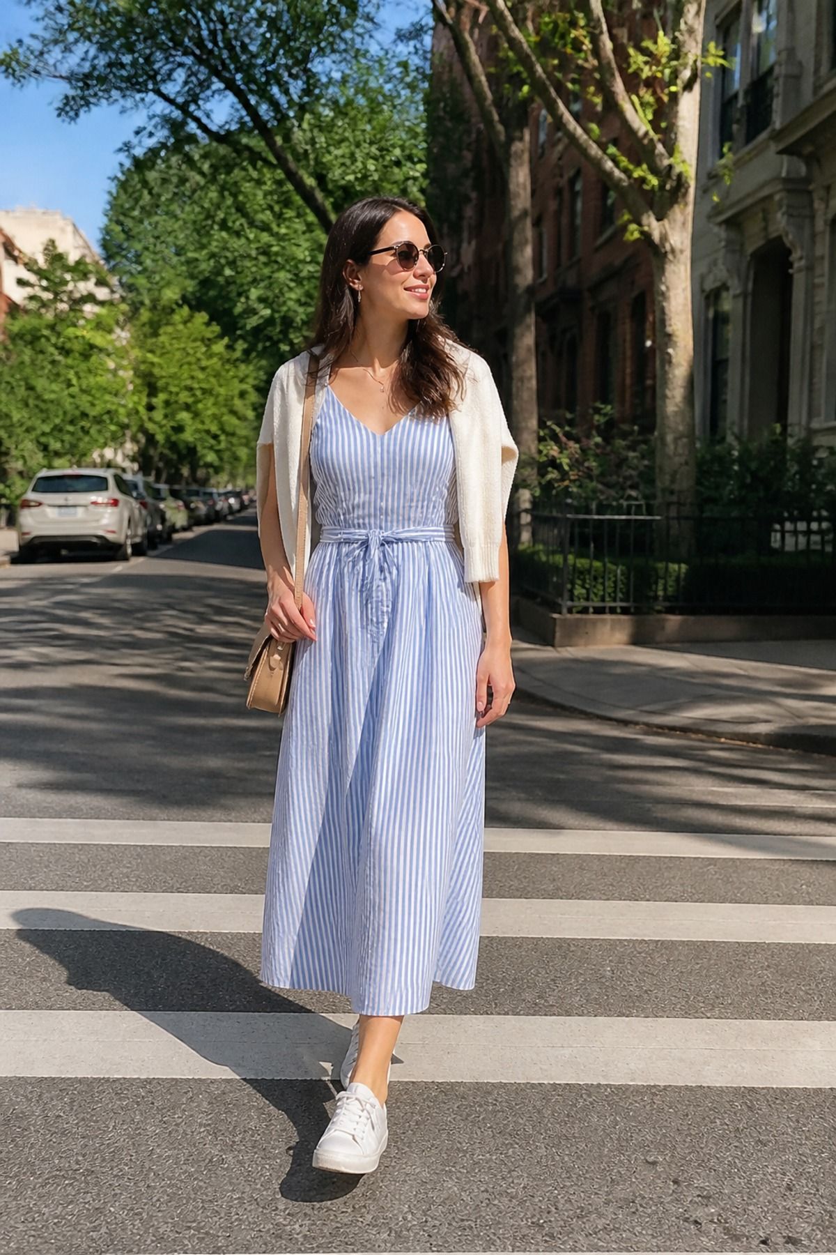Woman wearing a cotton midi dress with sneakers, a 70 degree weather outfit