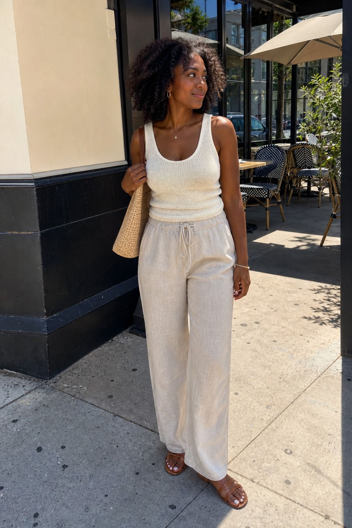 Woman wearing linen pants with a knit tank, a brunch outfit