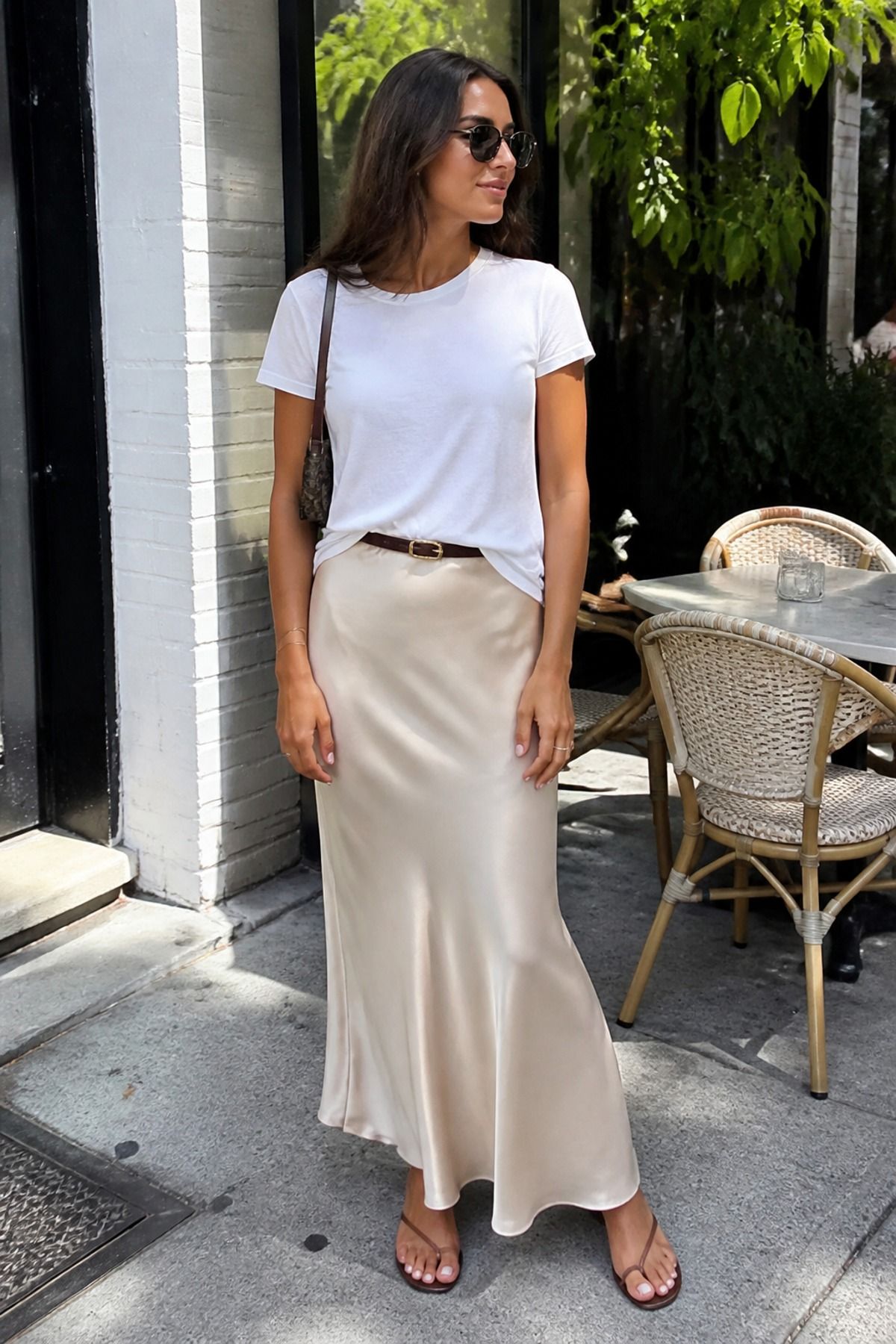 Woman wearing a slip skirt with a cotton tee, a brunch outfit