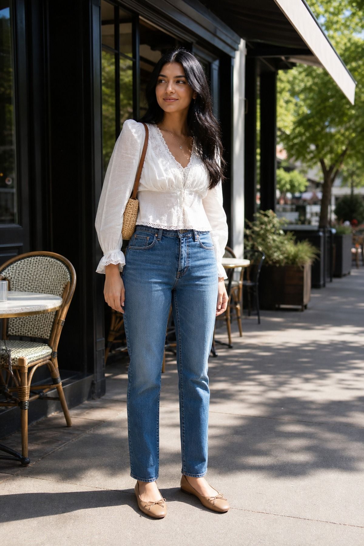 Woman wearing straight jeans with a romantic blouse, a brunch outfit