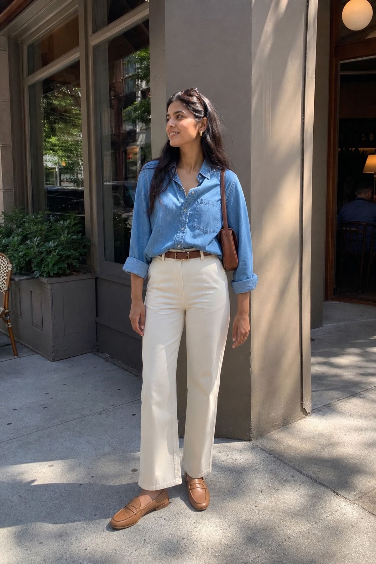 Woman wearing a chambray shirt with cream trousers, a brunch outfit