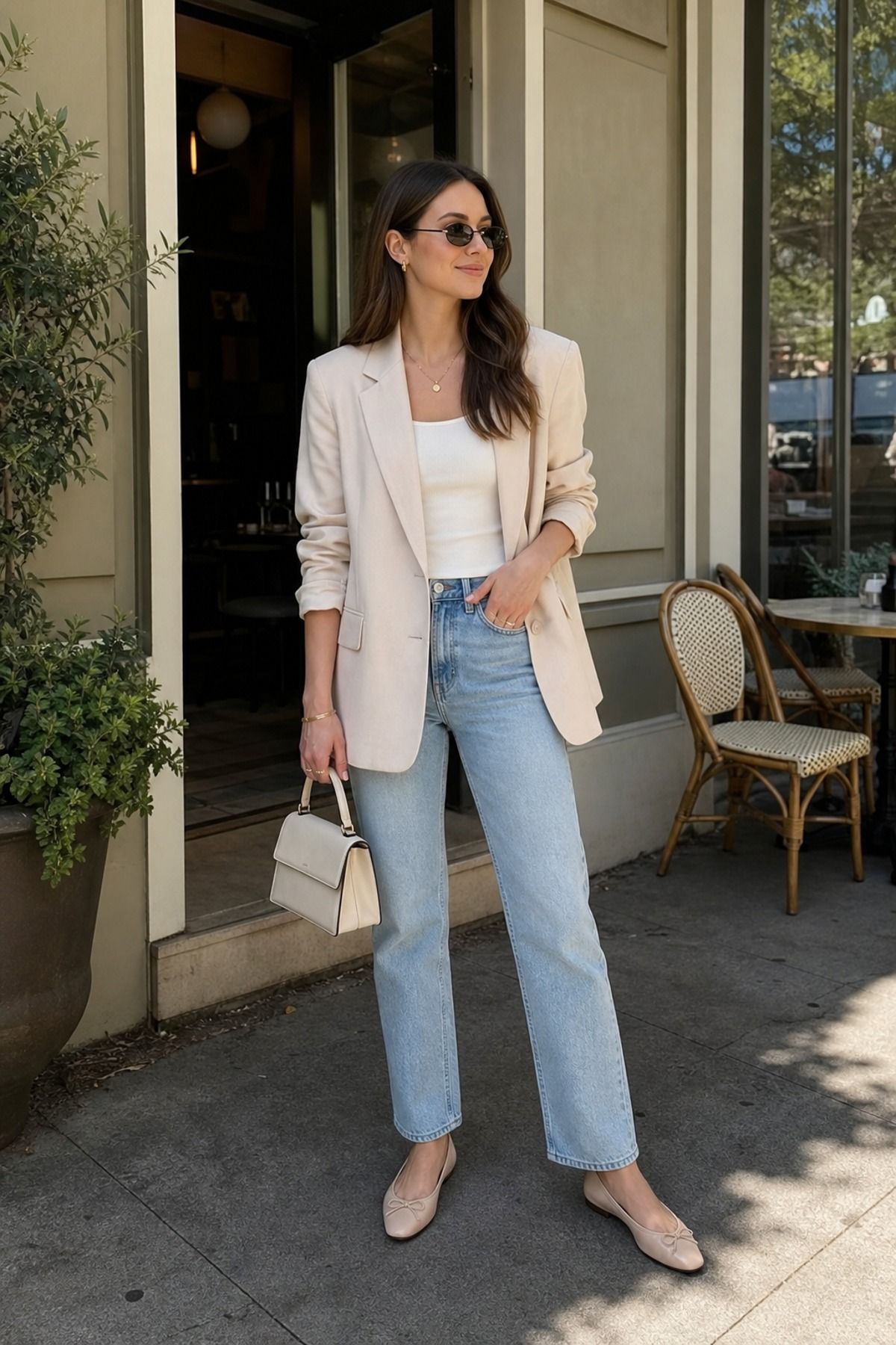 Woman wearing a soft blazer with light denim, a brunch outfit