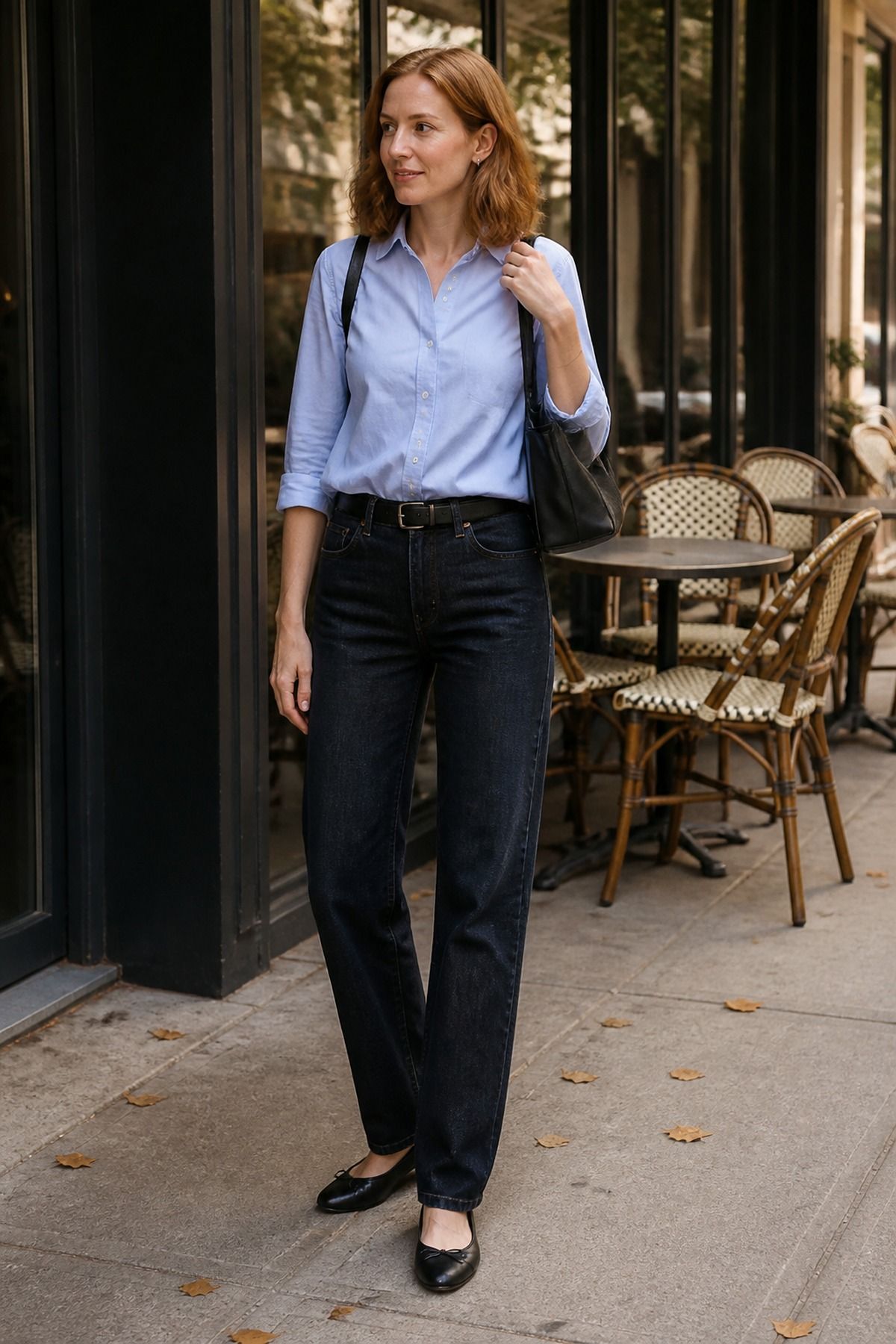 Woman wearing a button down with dark jeans, a business casual outfit