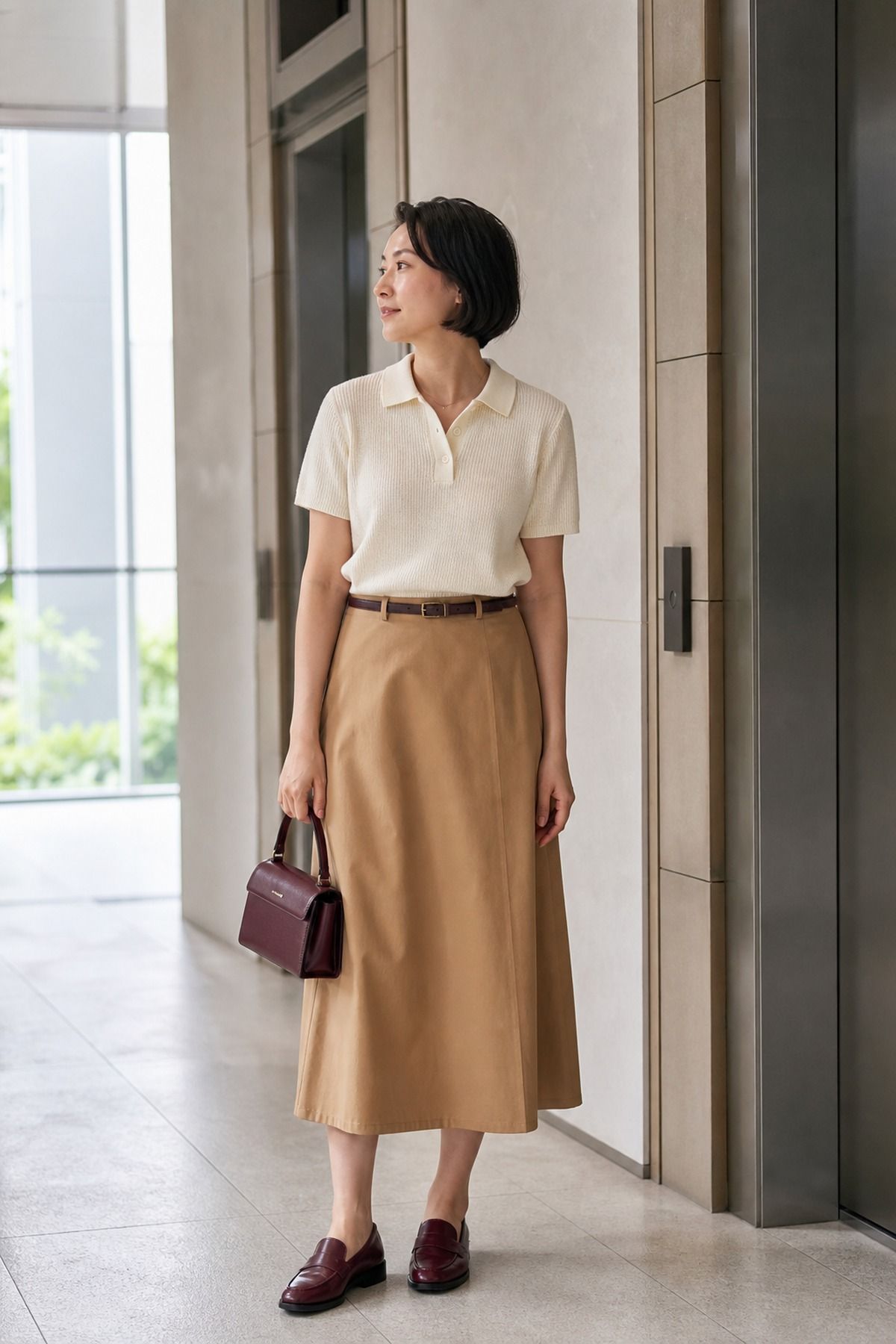 Woman wearing a midi skirt with a knit polo, a business casual outfit