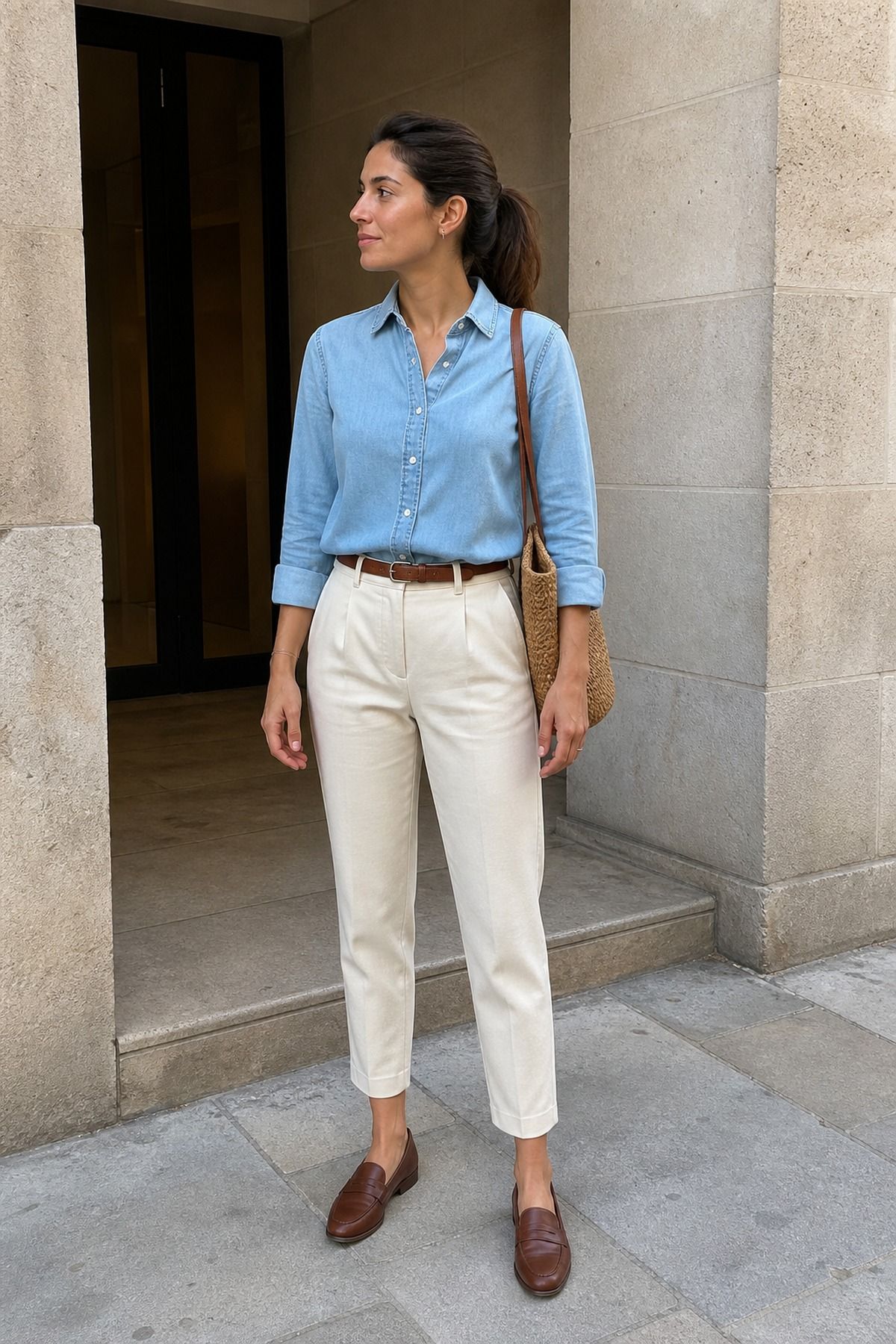 Woman wearing cream trousers with a chambray shirt, a business casual outfit