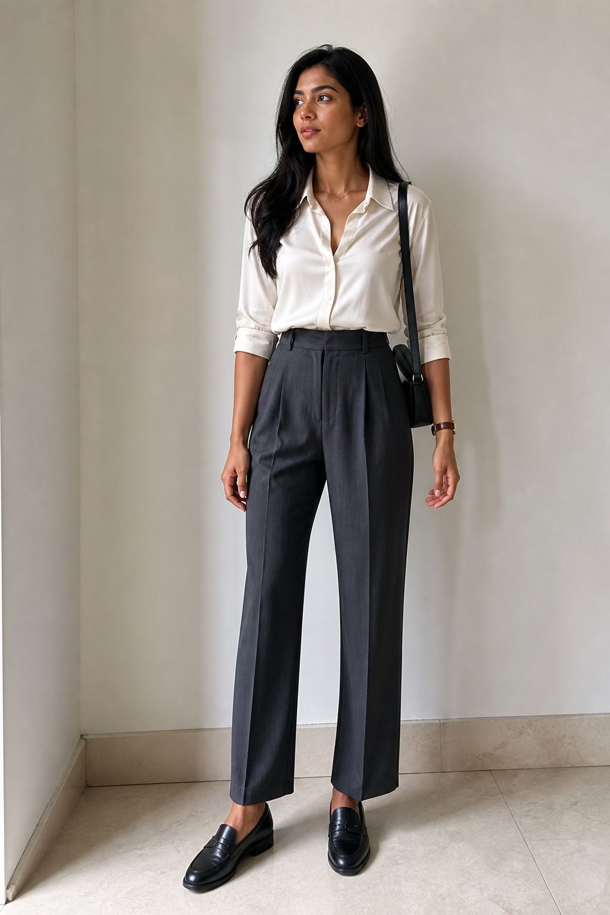 Woman wearing pleated pants with a silk blouse, a business casual outfit