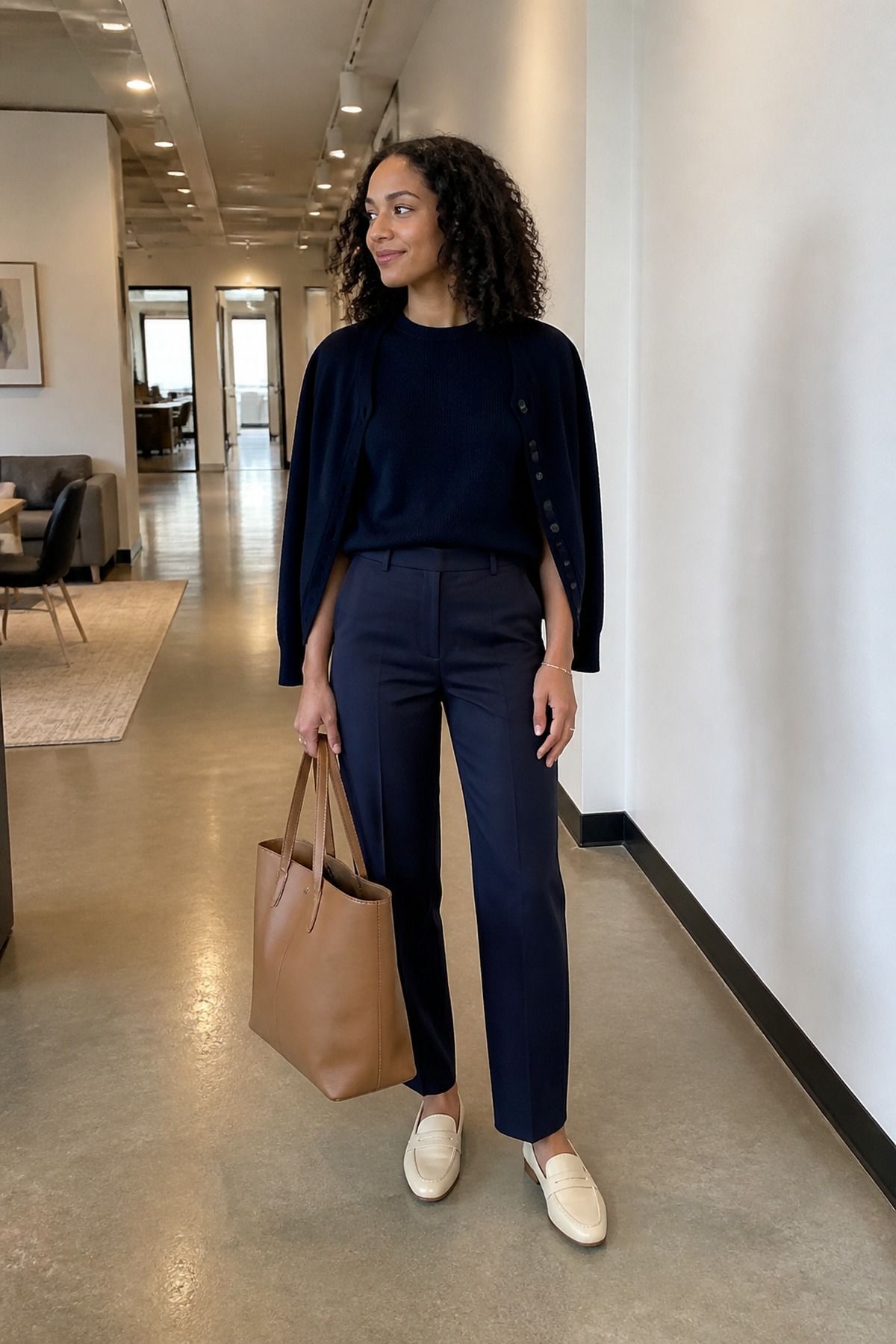 Woman wearing monochrome navy separates, a business casual outfit