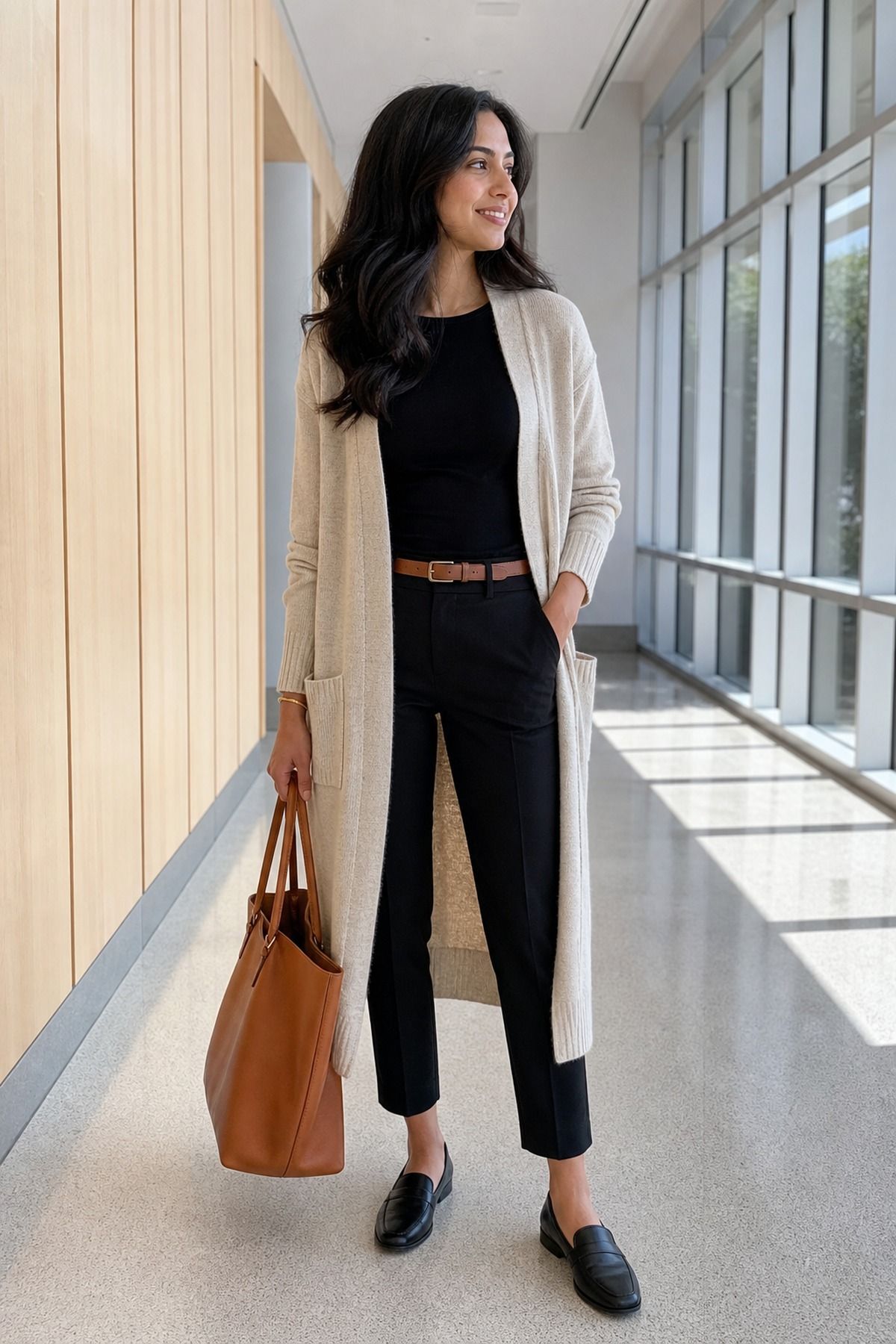 Woman wearing a long cardigan with slim trousers, a business casual outfit