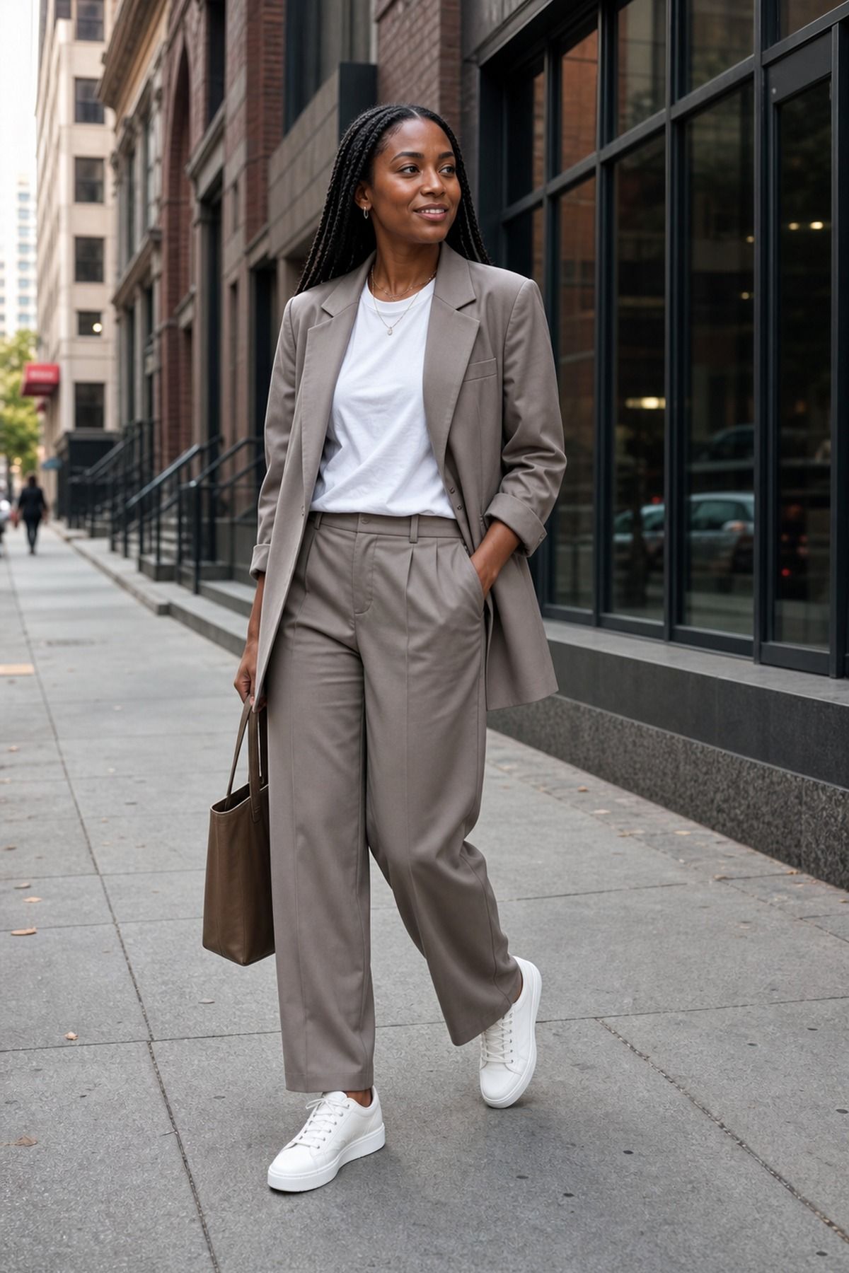 Woman wearing a relaxed suit with sneakers, a business casual outfit