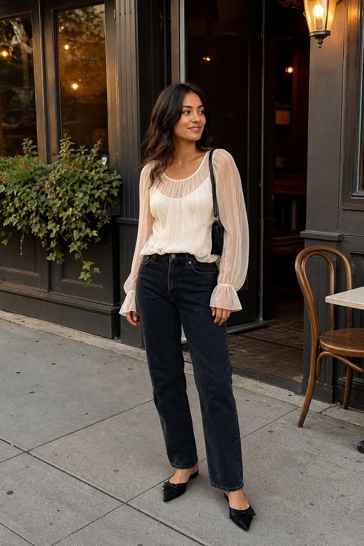 Woman wearing dark jeans with a sheer sleeve blouse, a casual date night outfit