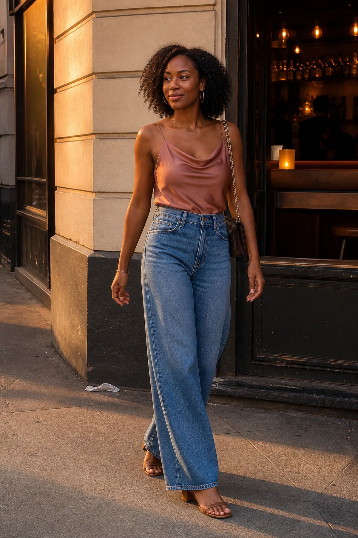 Woman wearing a satin top with wide-leg denim, a casual date night outfit