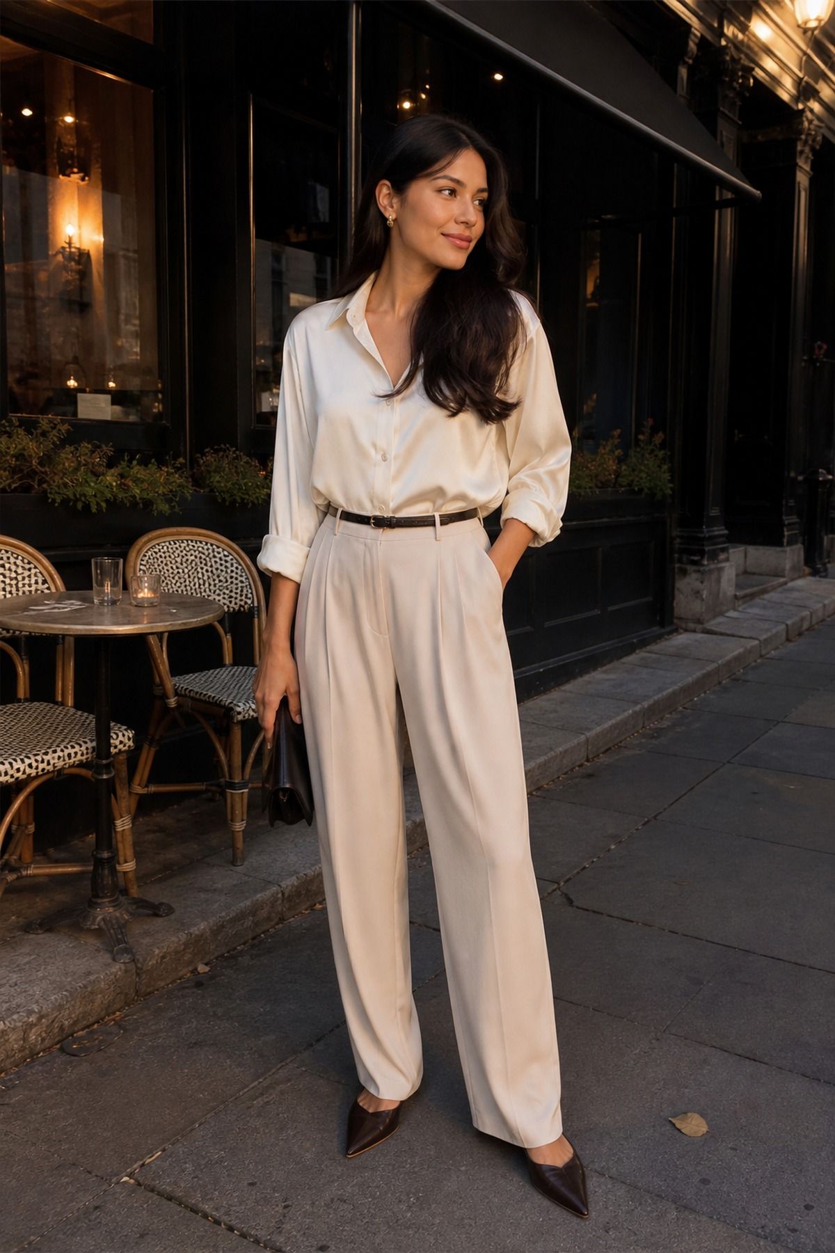 Woman wearing a silky shirt with relaxed trousers, a casual date night outfit