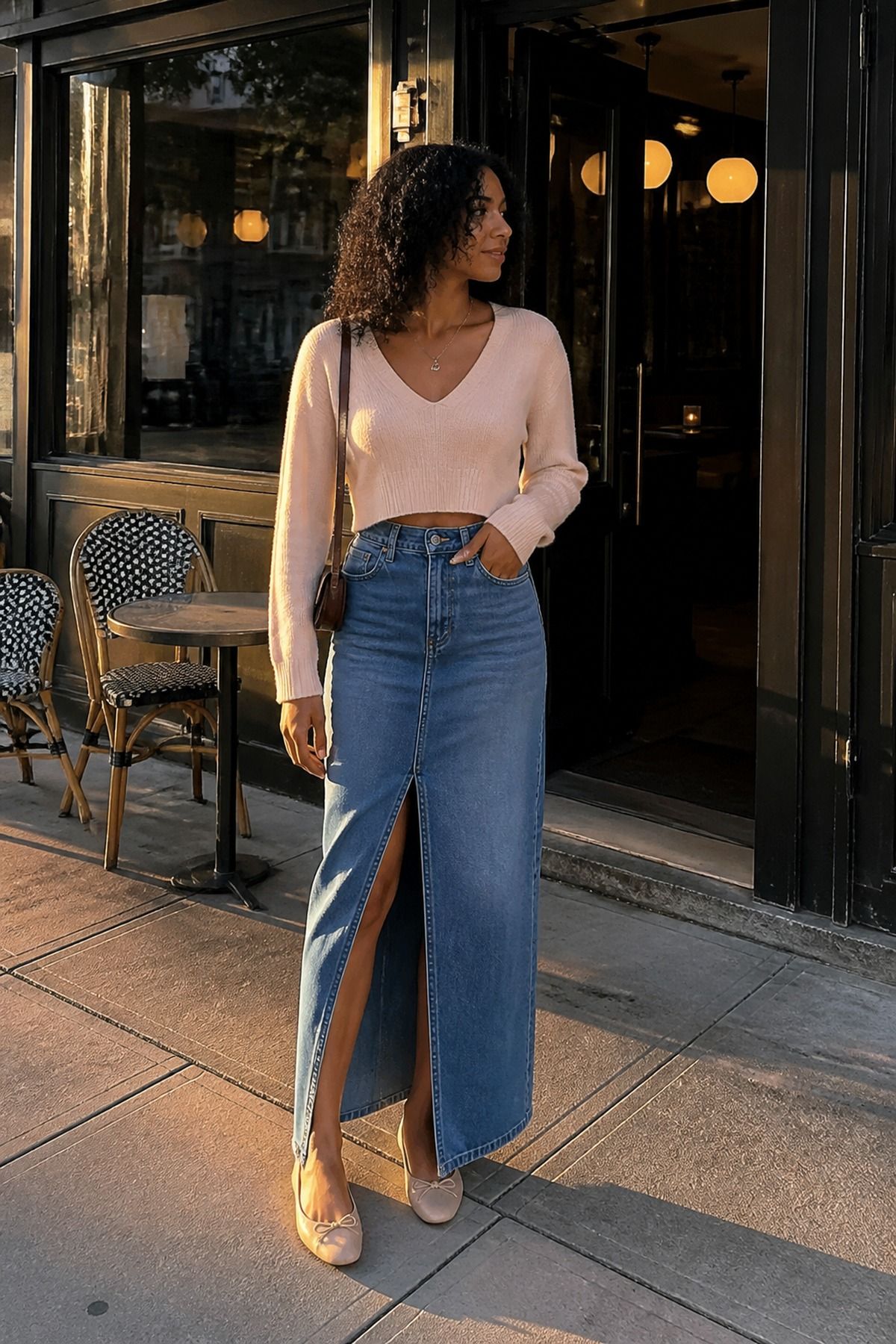 Woman wearing a denim maxi skirt with a sweater, a casual date night outfit