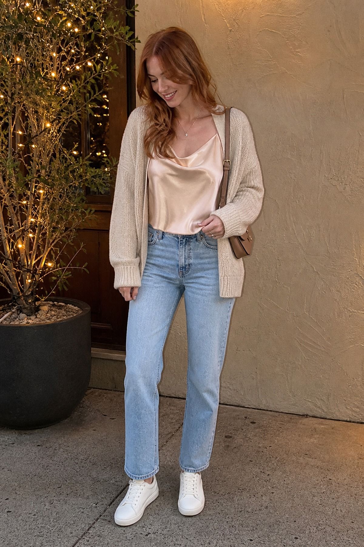 Woman wearing a satin cami with a soft cardigan casual dinner