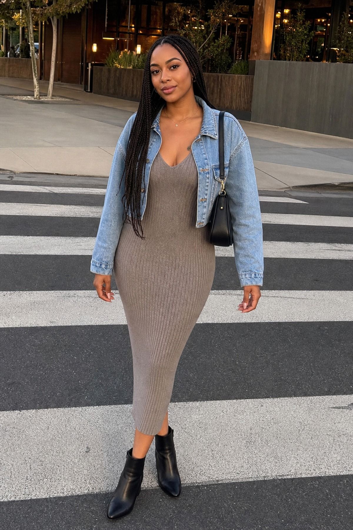 Woman wearing a ribbed dress with low boots casual dinner
