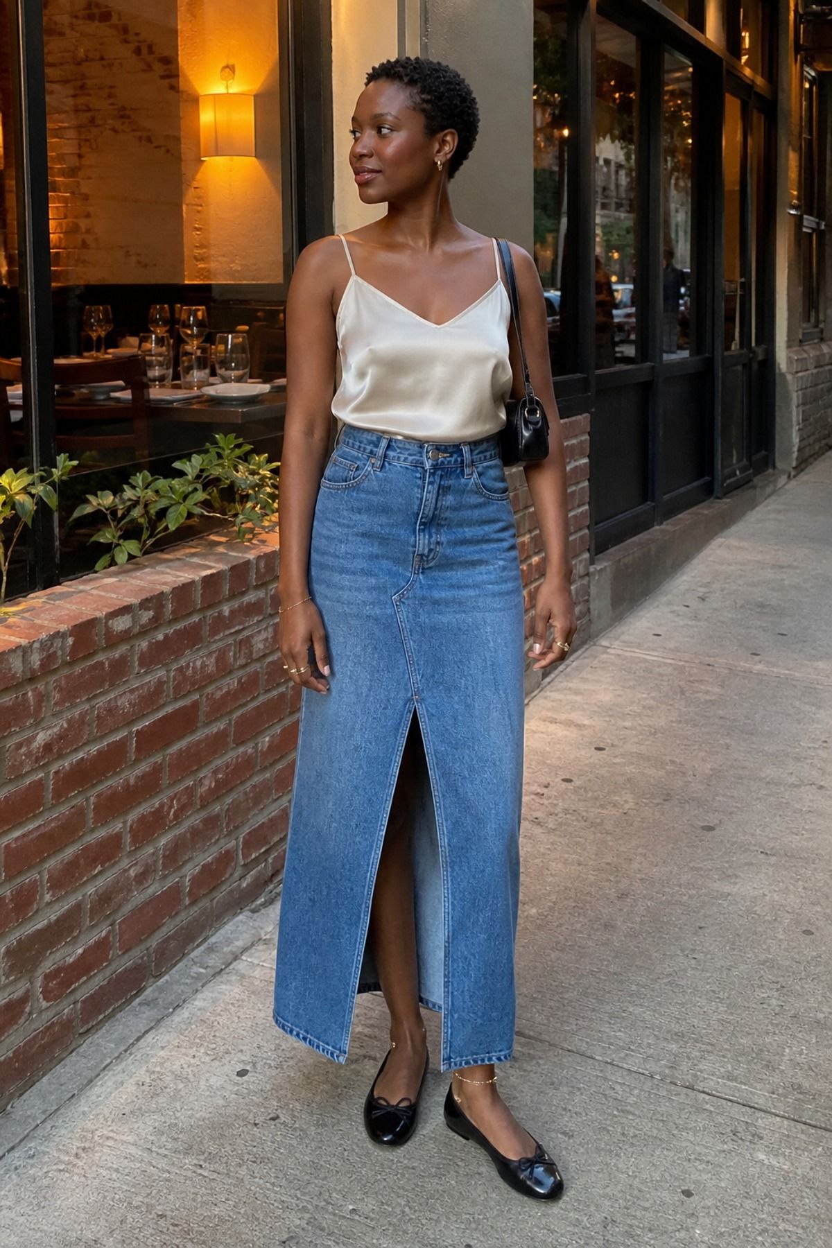 Woman wearing a denim maxi skirt with a satin tank casual dinner