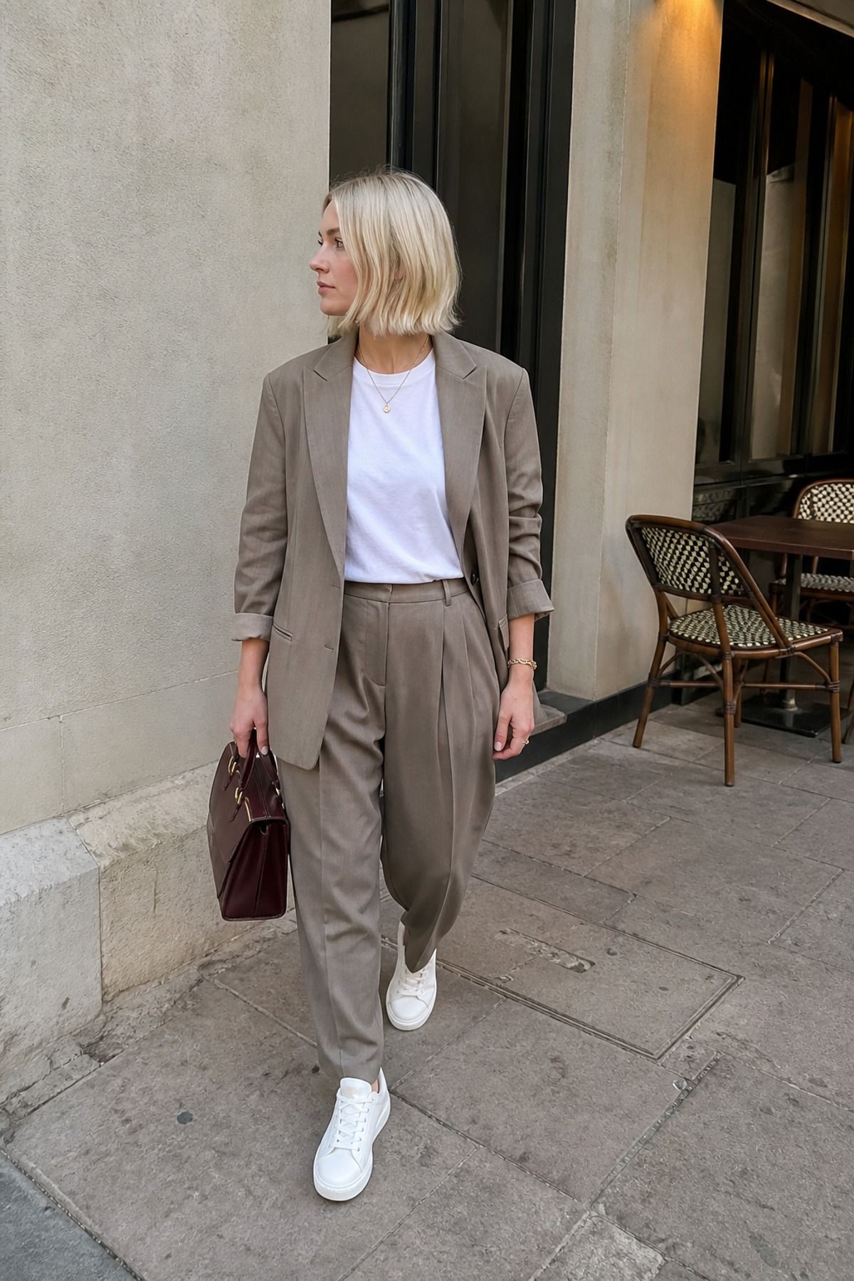 Woman wearing a relaxed suiting with a white tee casual dinner