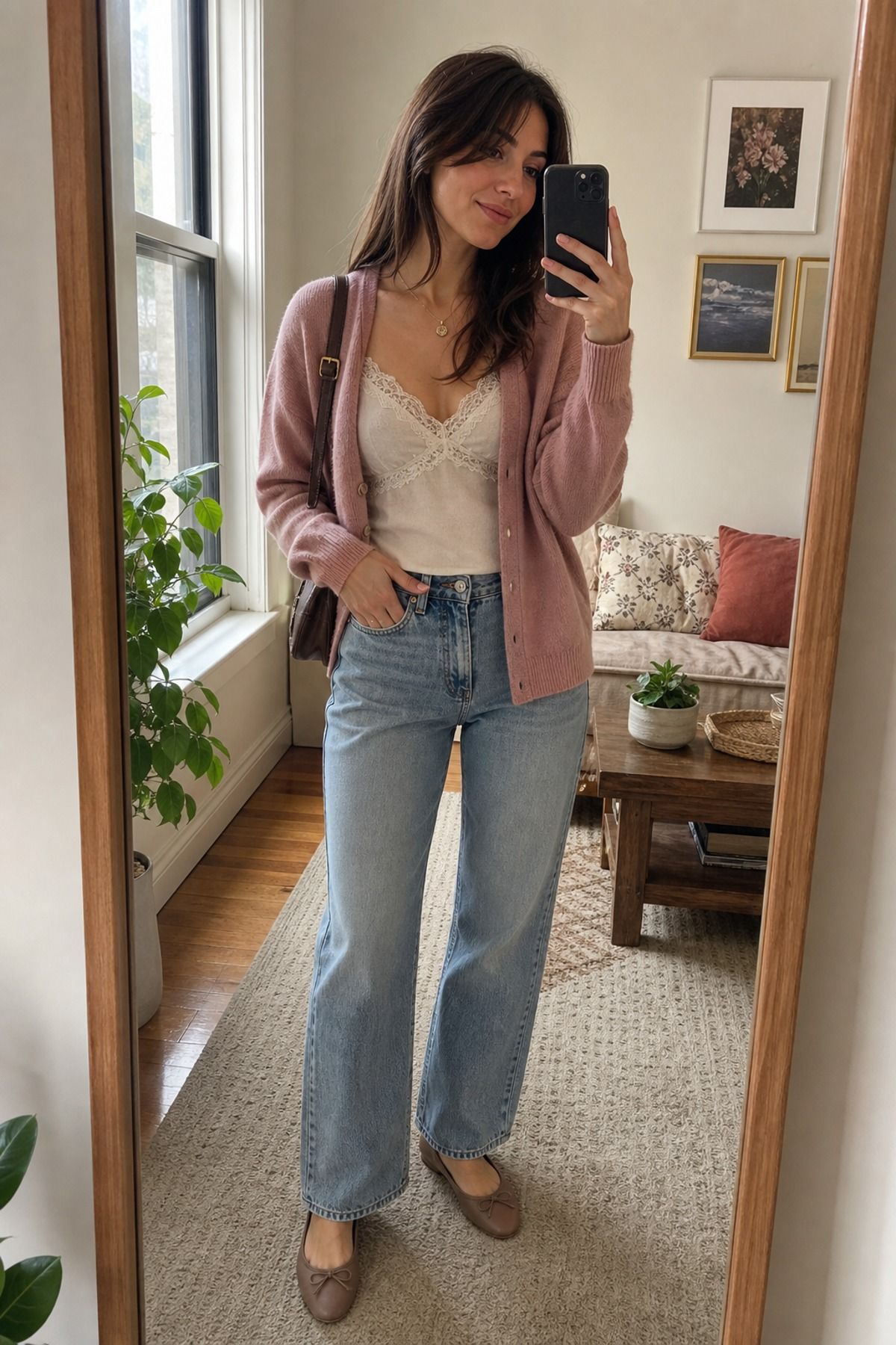 Woman wearing a lace cami with a cardigan, a casual Valentine outfit