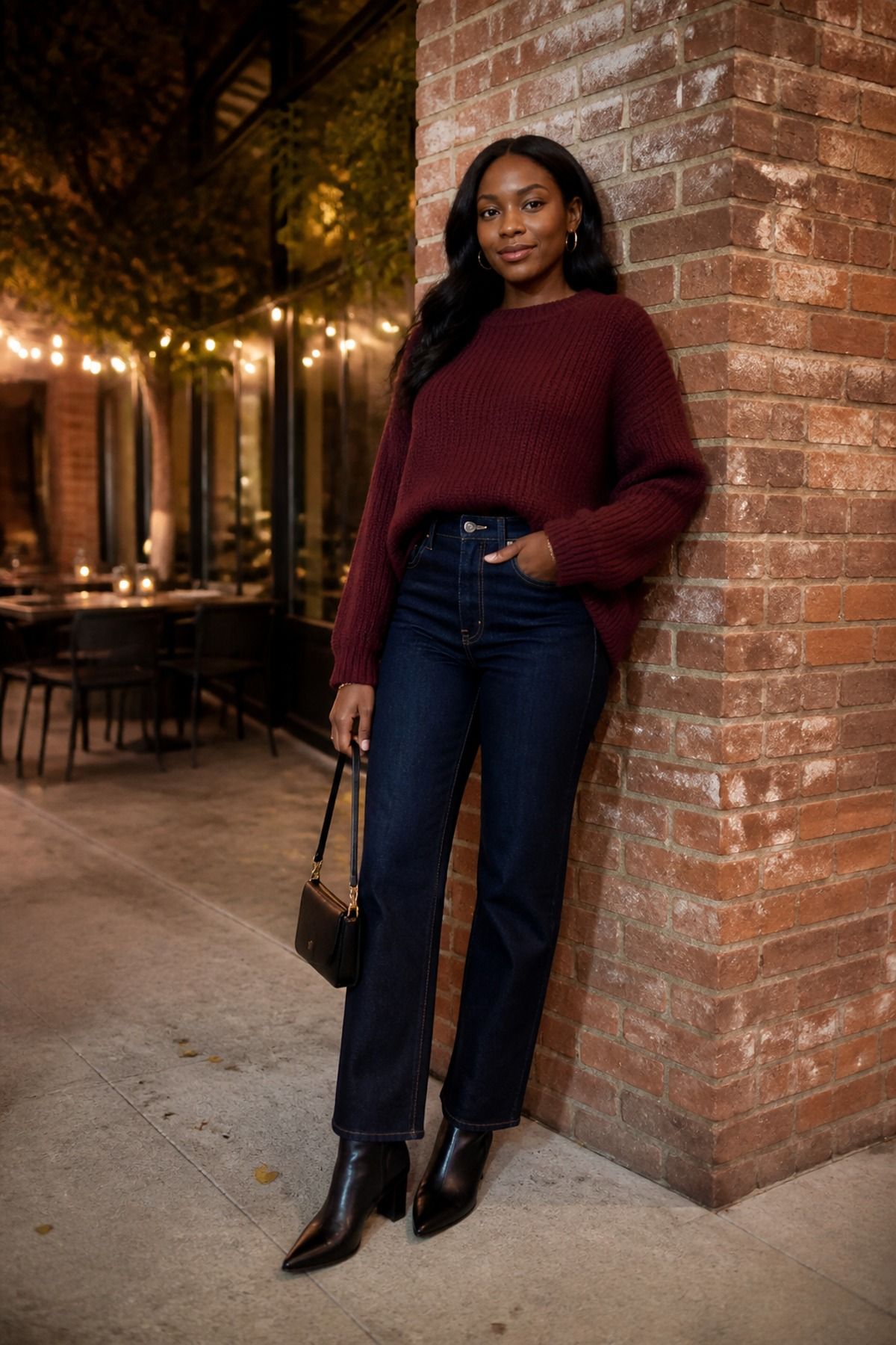 Woman wearing a burgundy sweater with dark denim, a casual Valentine outfit